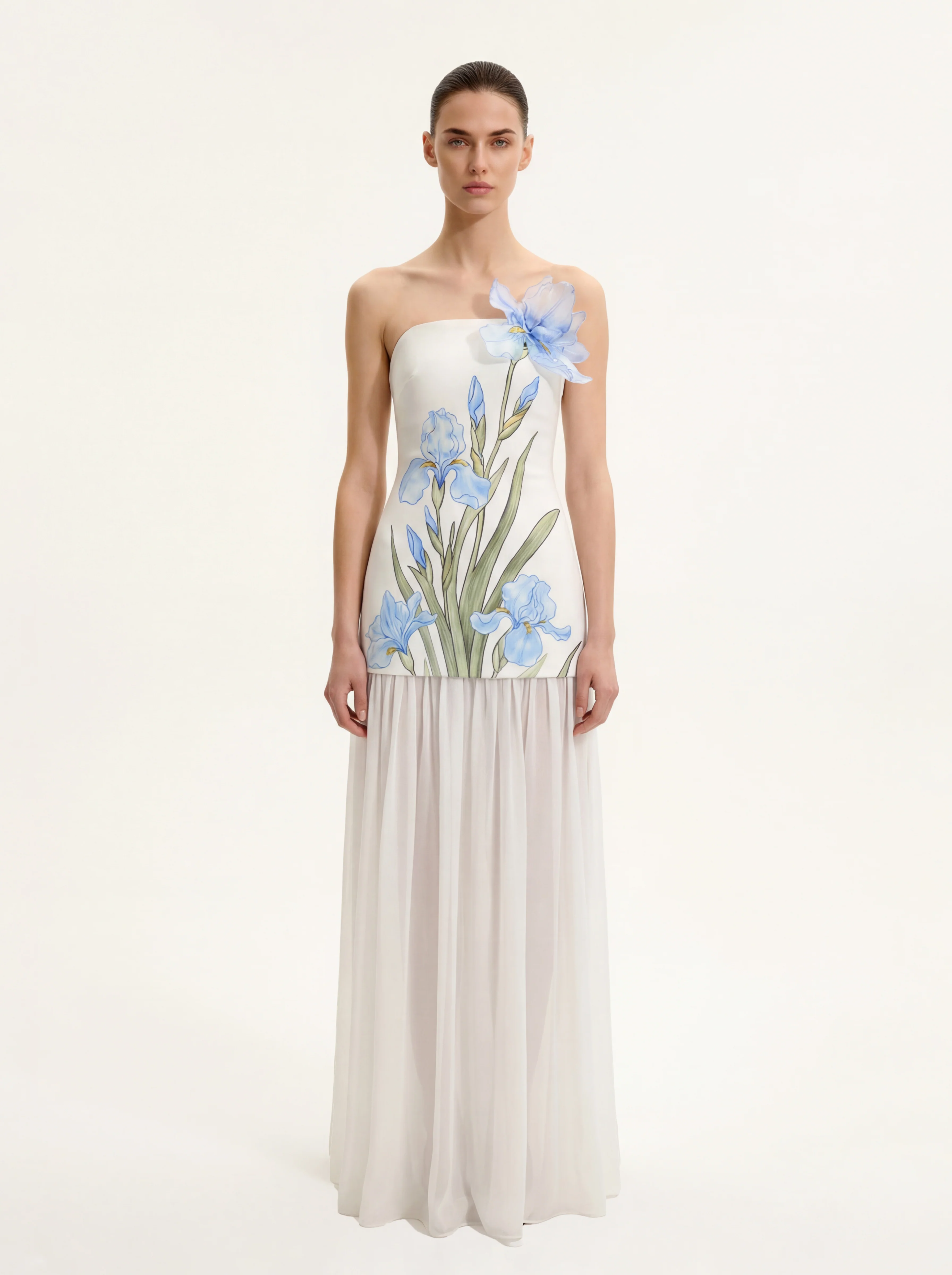 Floral Print Strapless Mixed Maxi Dress - Ivory