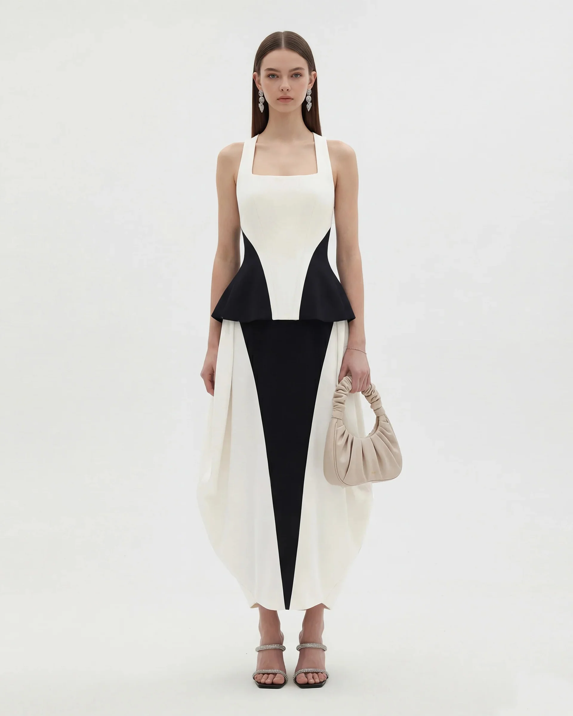 Monochrome Paneled Square-Neck Peplum Top - Black