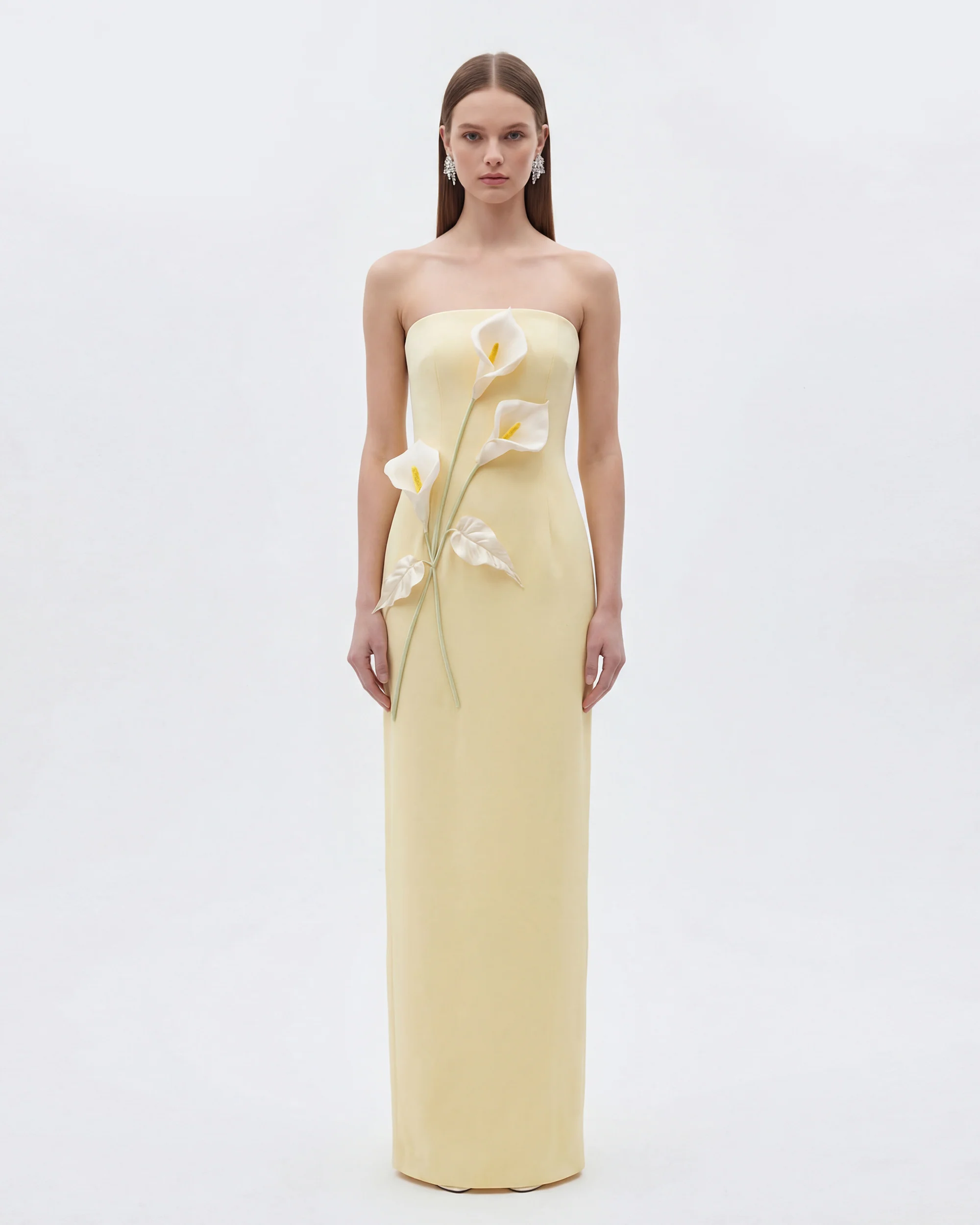 Floral Appliqu?? Strapless Dress - Yellow