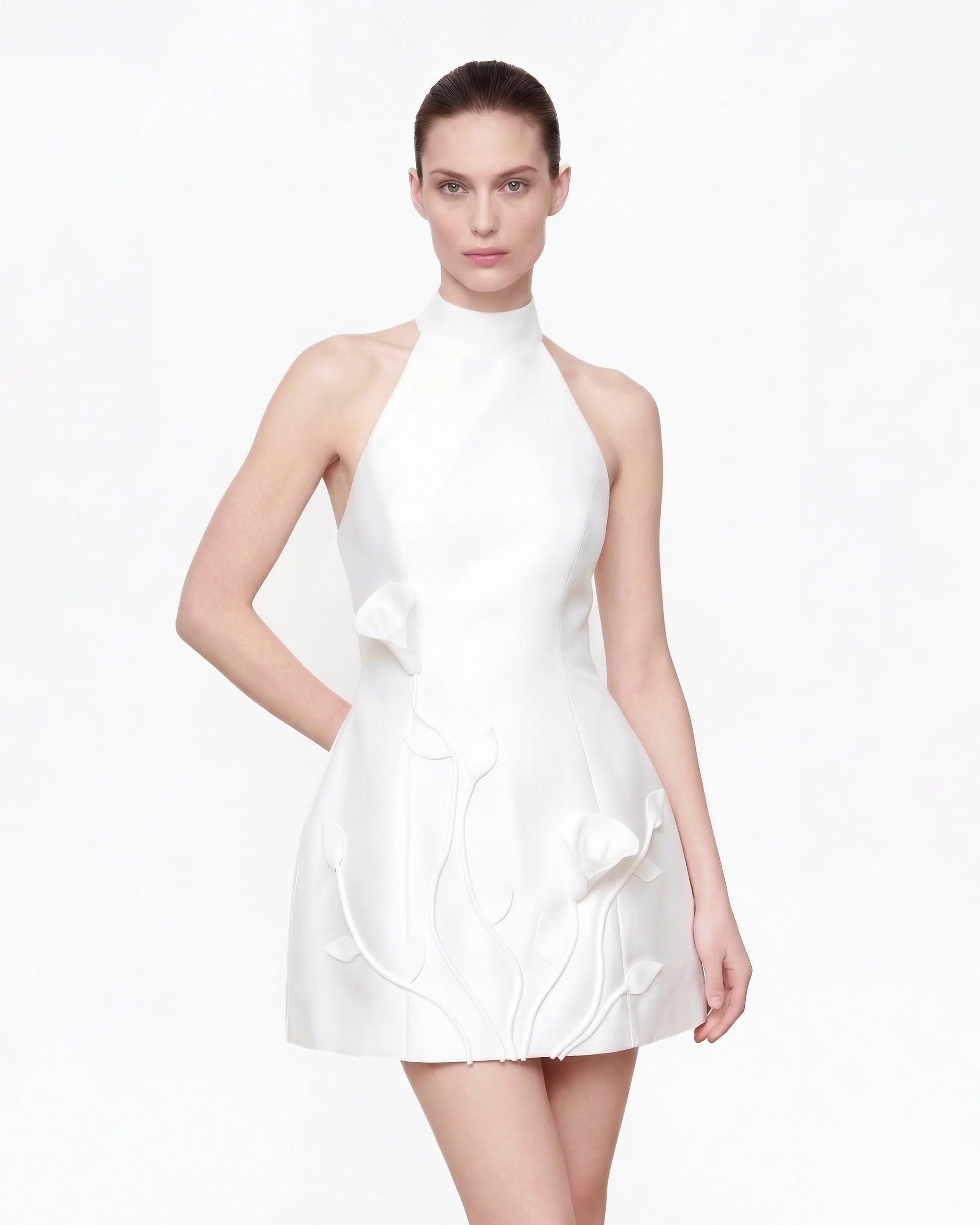 3D Floral Halter Mini Dress - White