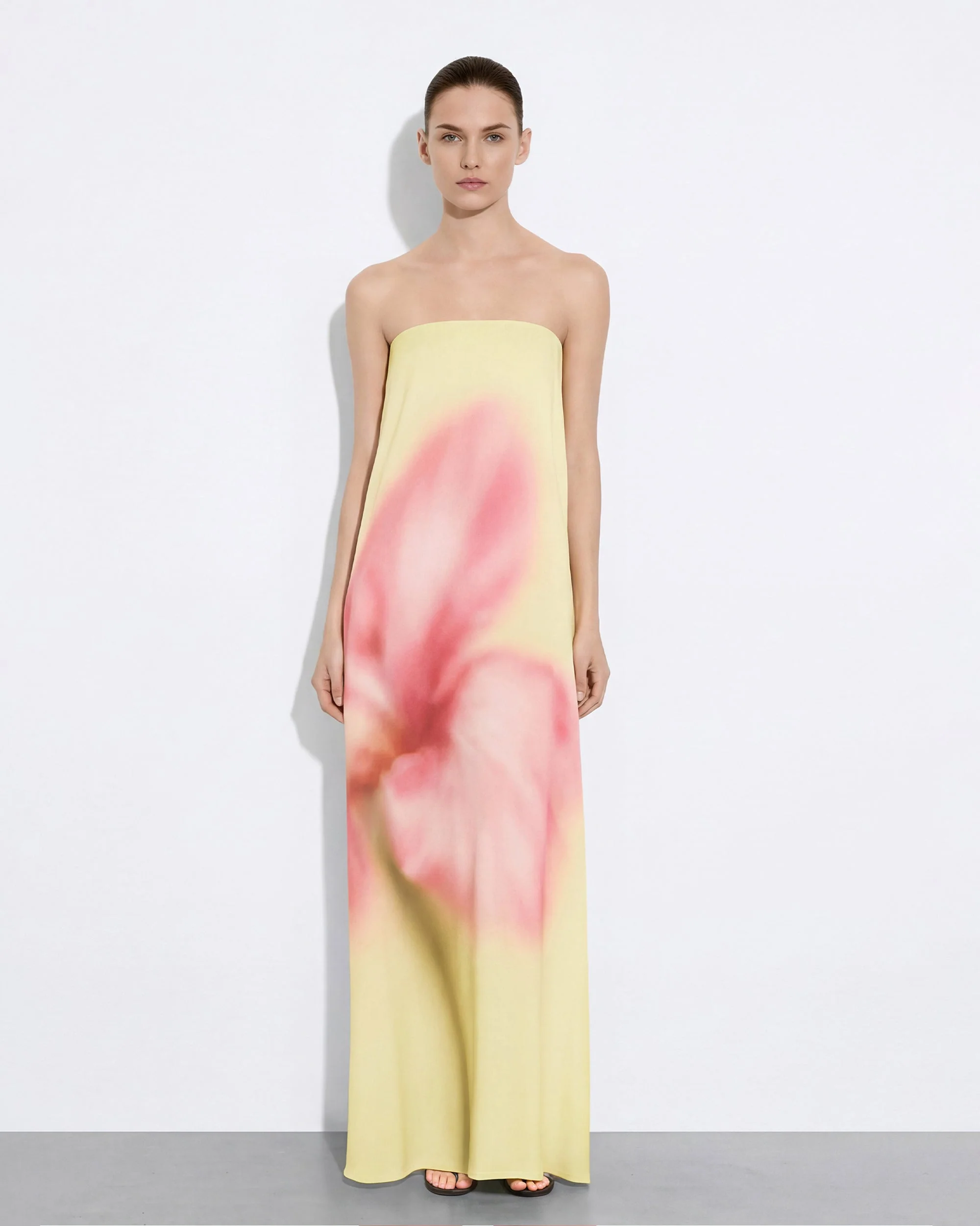 Watercolor Floral Print Strapless Maxi Dress - Yellow