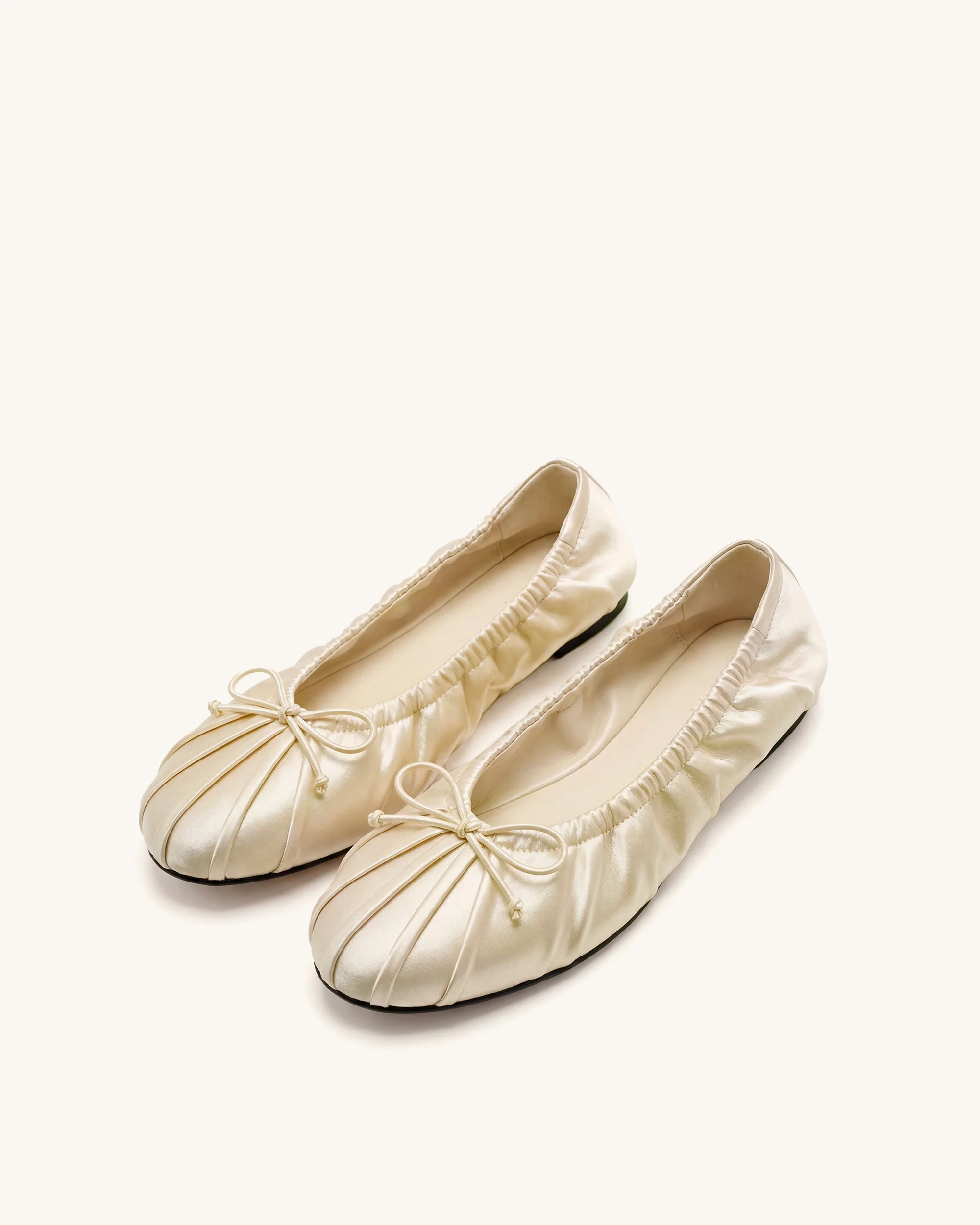 Solenne Ruched Drawstring Satin Ballet Flats - Beige