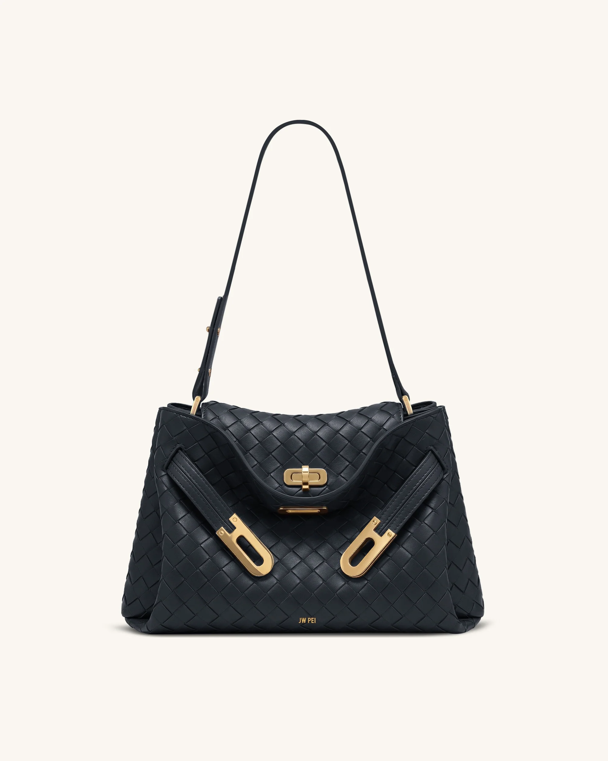 Rhea Woven Texture Double Buckle Shoulder Bag - Navy Blue