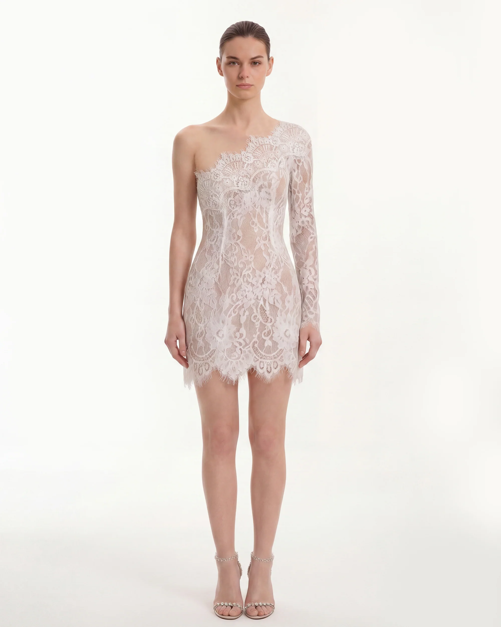 One Shoulder Lace Mini Dress - White