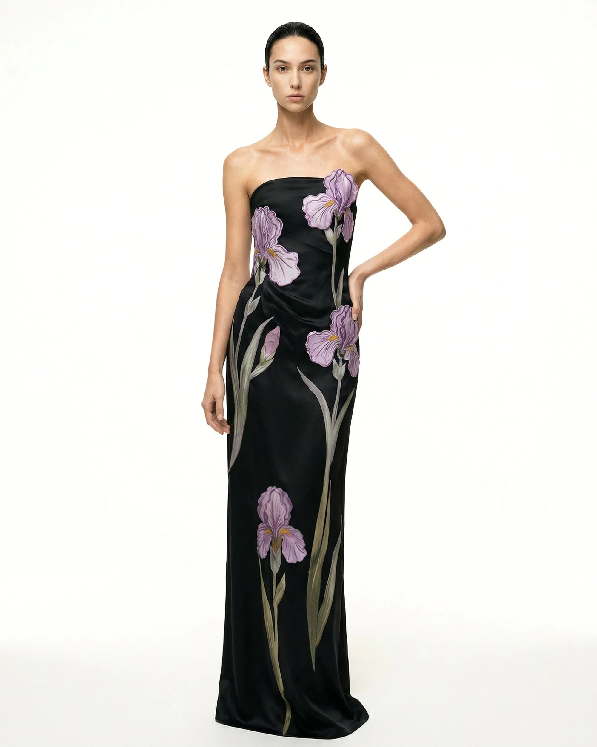 Iris Floral-Appliqu?? Strapless Maxi Dress - Black