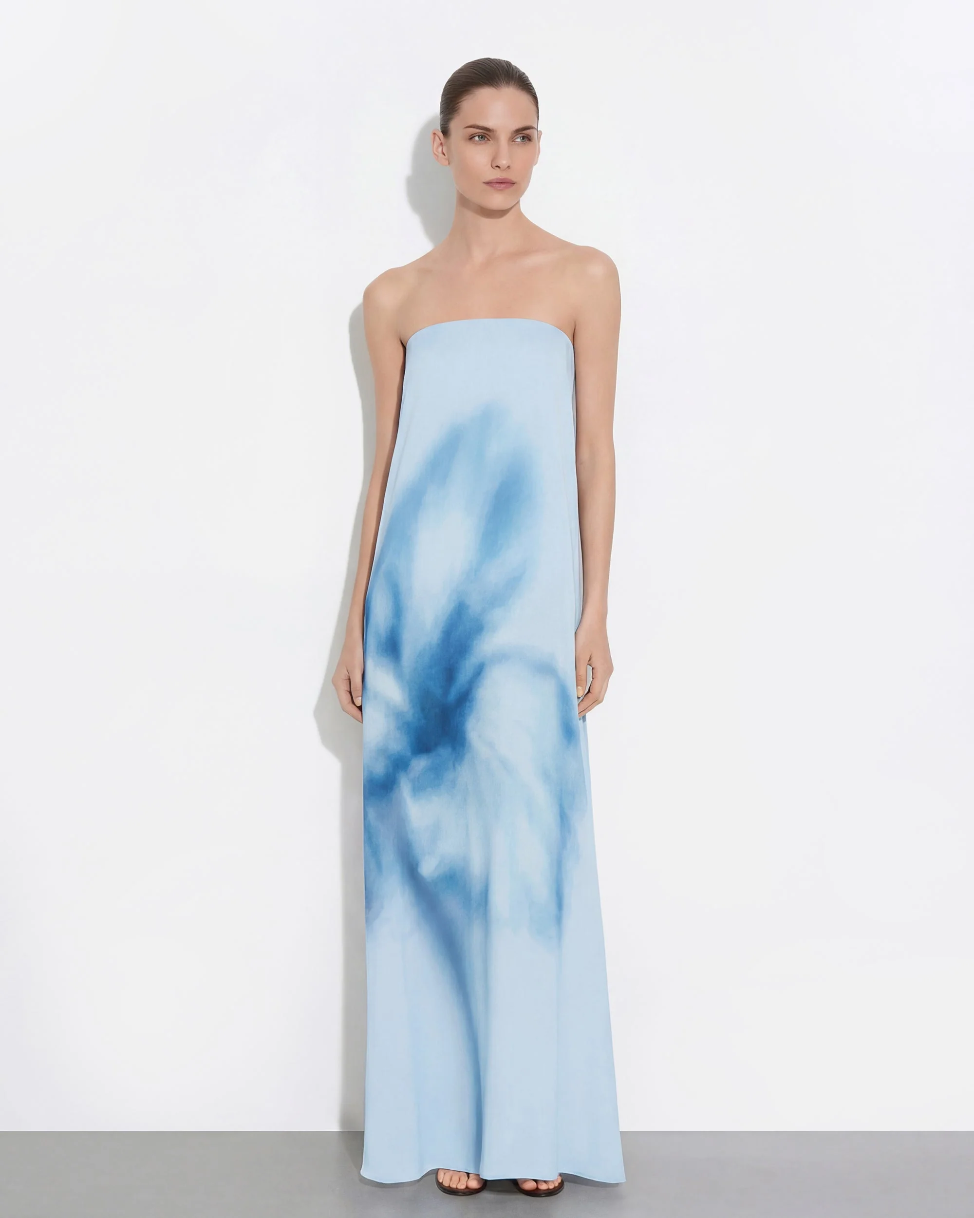 Watercolor Floral Print Strapless Maxi Dress - Blue