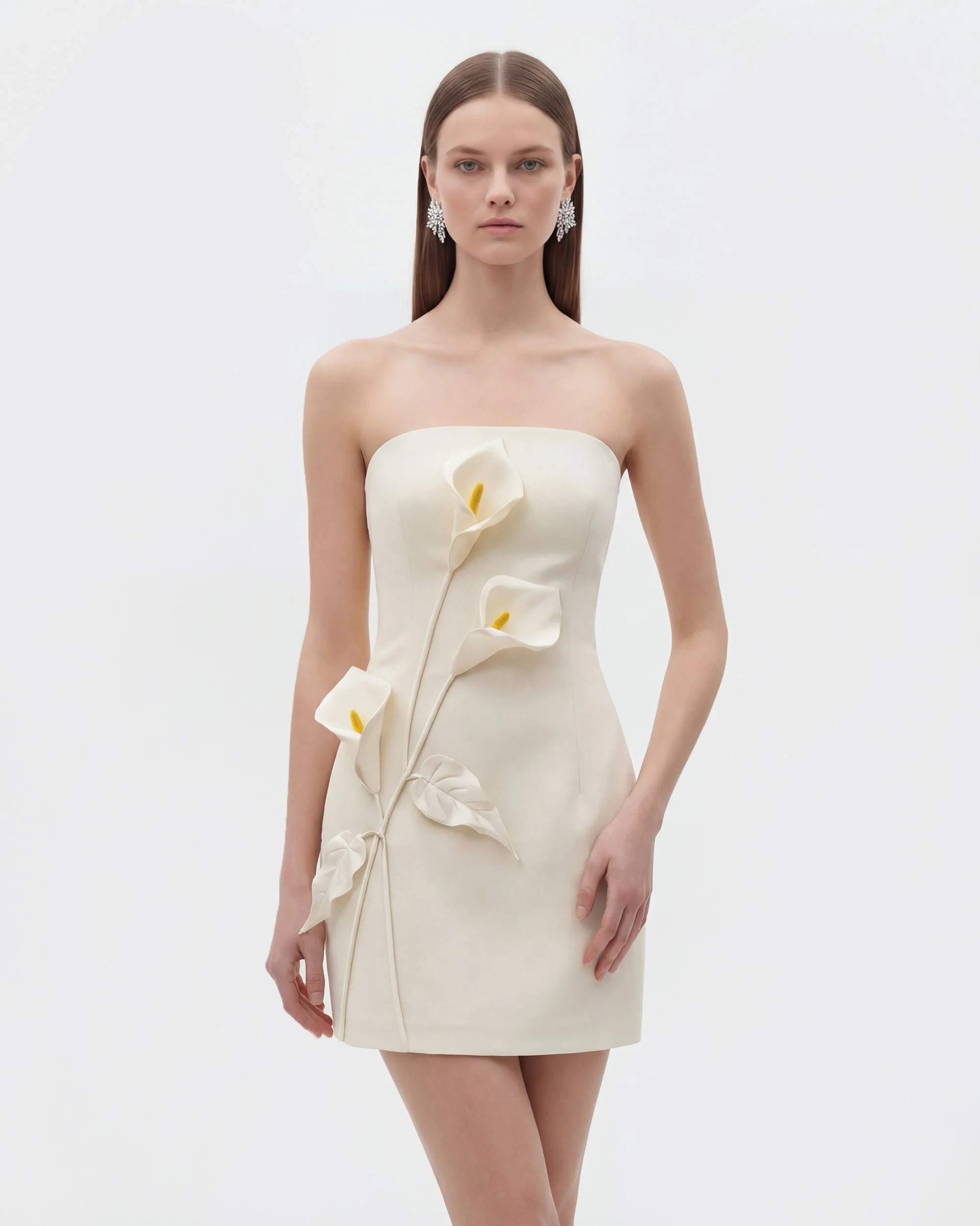 Strapless Floral Appliqu?? Dress - White