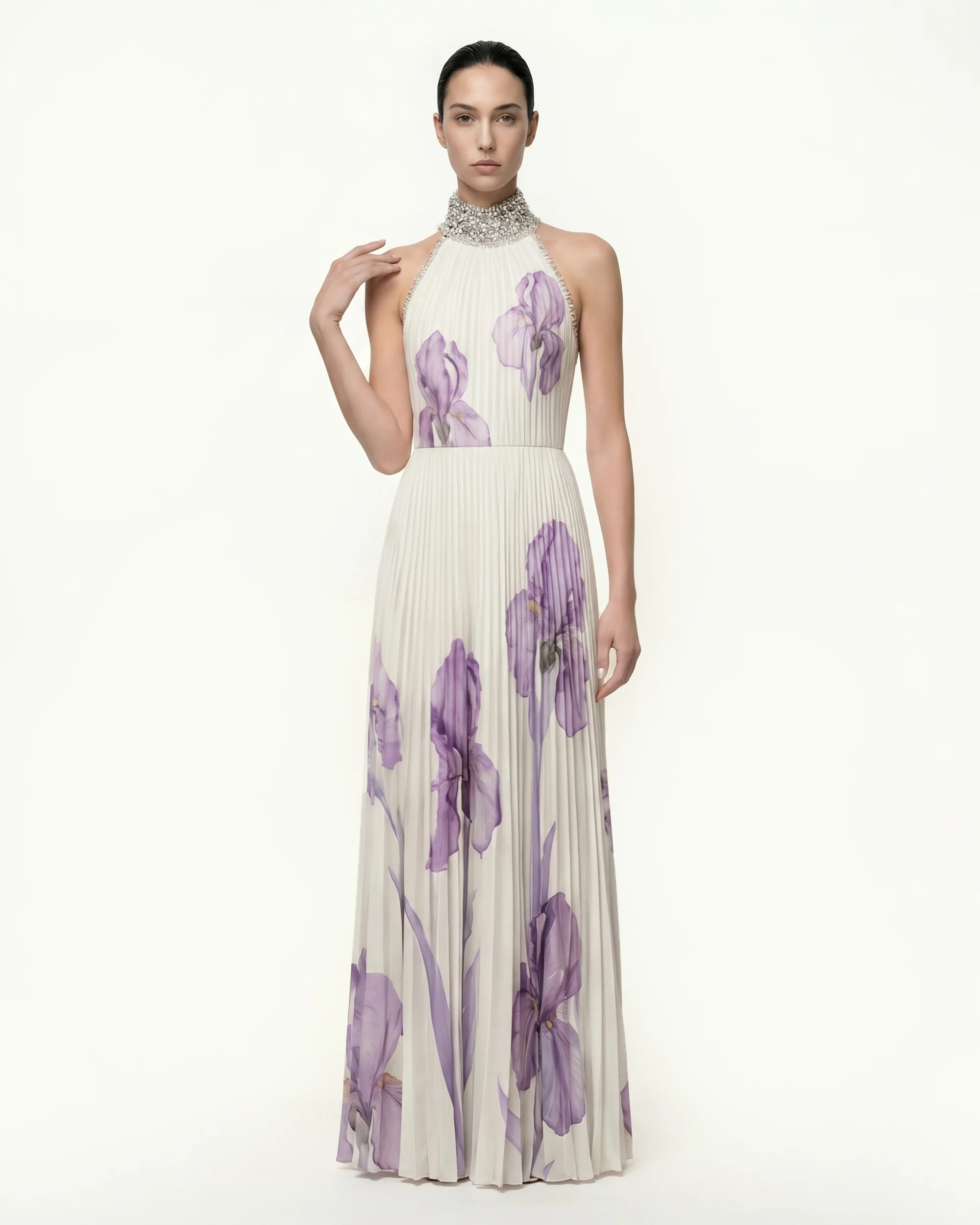 Jeweled-neck Halter Pleated Iris Print Maxi Dress - White/Purple