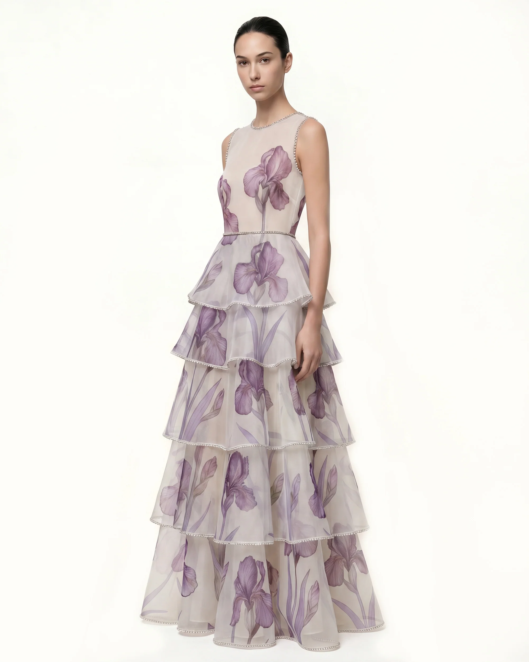 Jeweled-Trim Tiered Iris Print Organza Maxi Dress - White/Purple