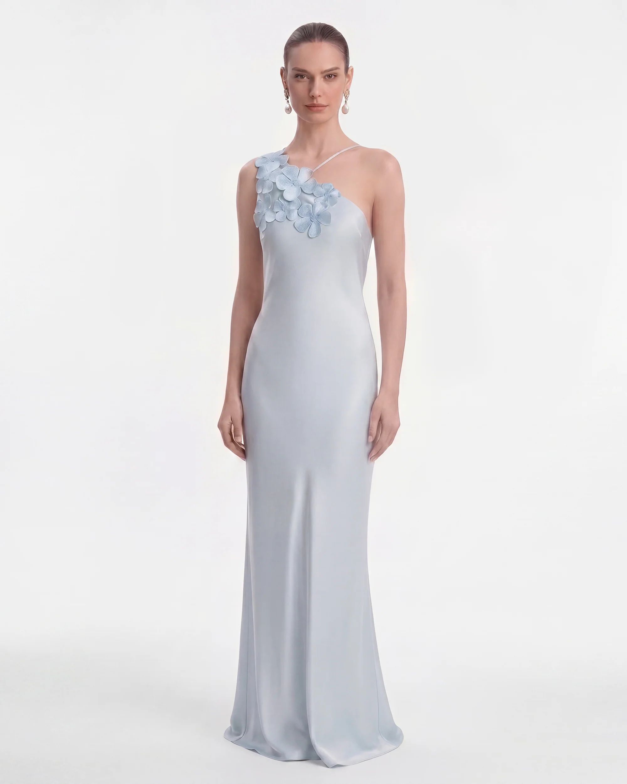 Floral Appliqu?? One Shoulder Maxi Dress - Light Blue