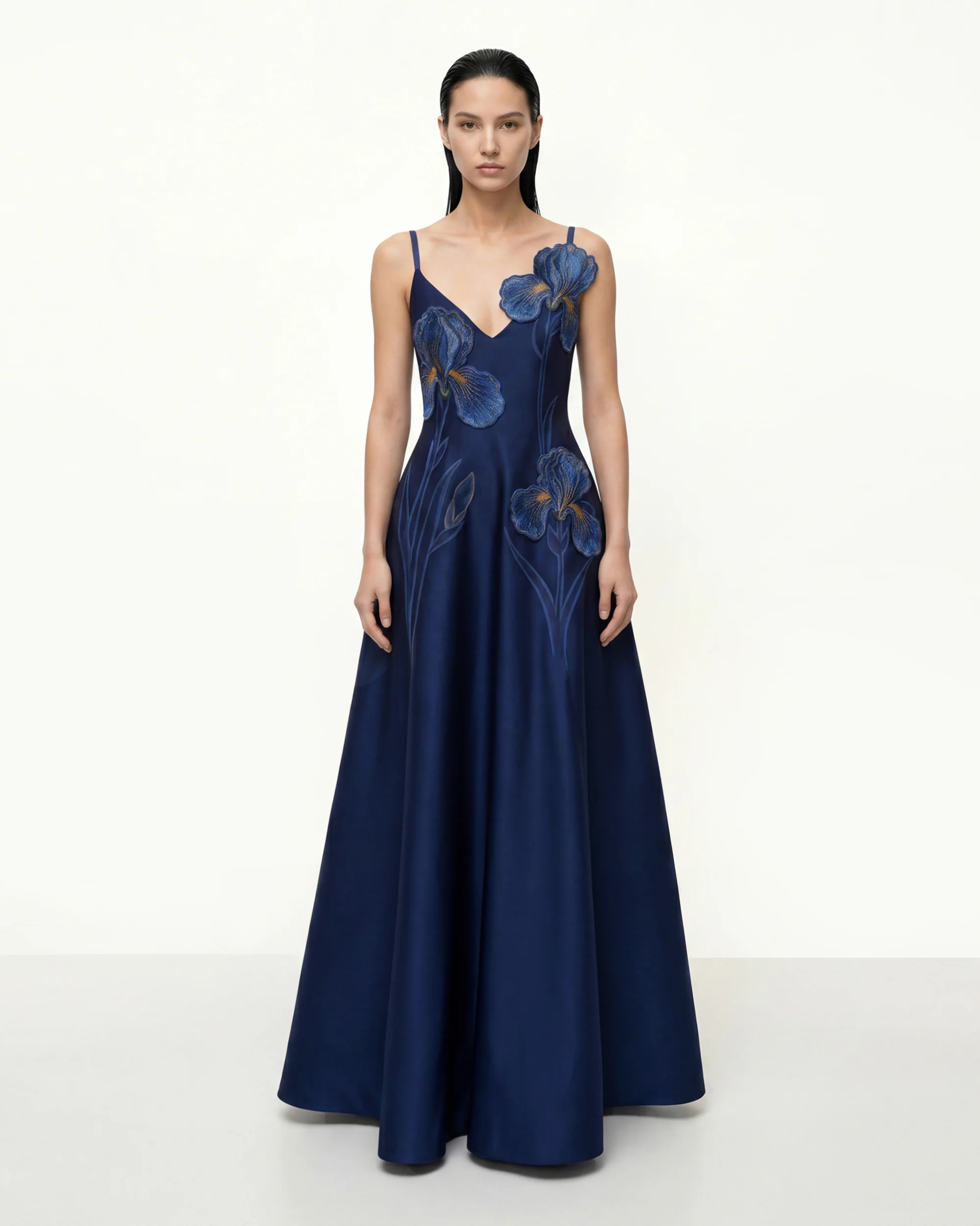 Iris Embroidered A-Line Maxi Dress - Navy Blue