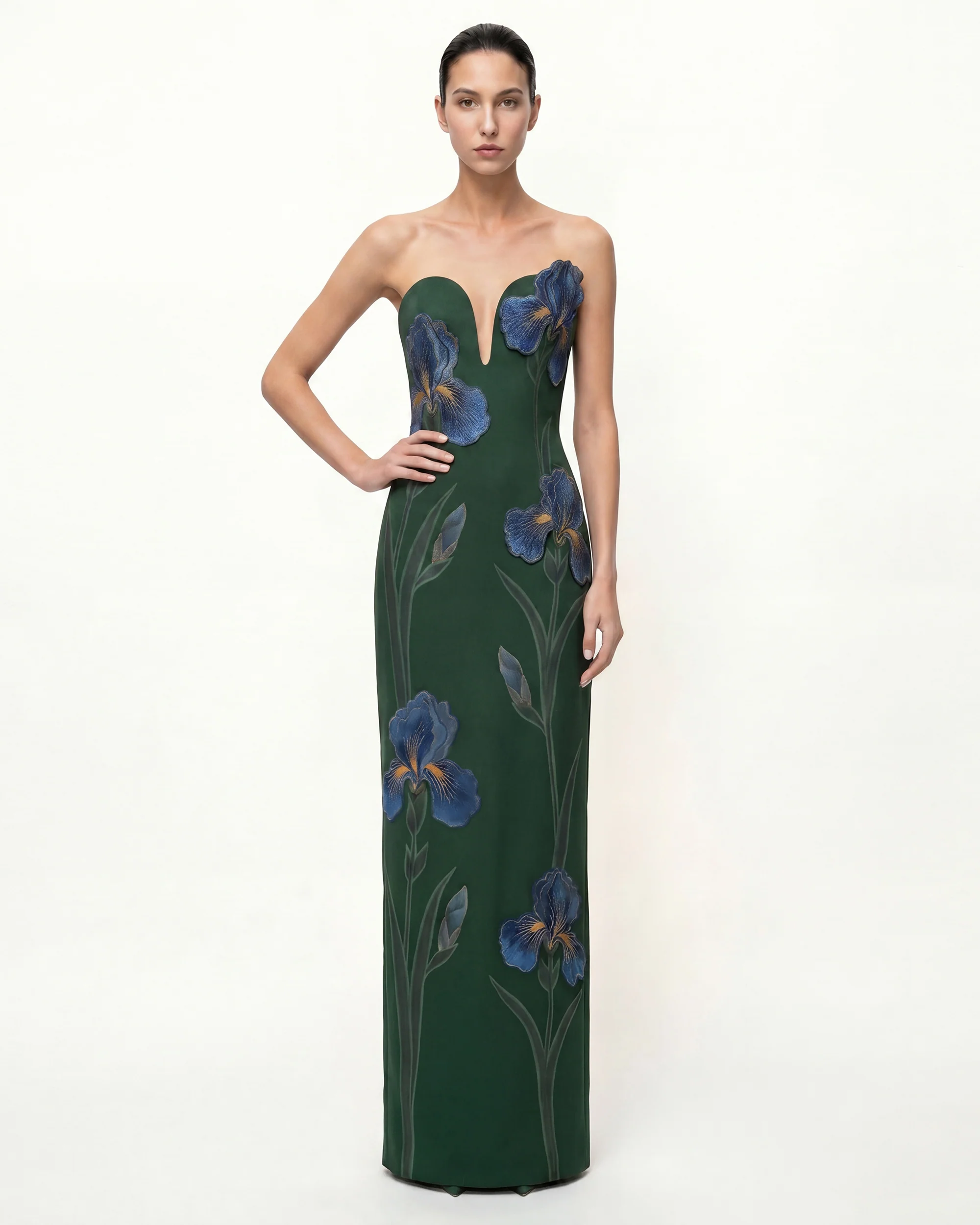 Iris Embroidered Notch Neck Strapless Maxi Dress - Emerald Green