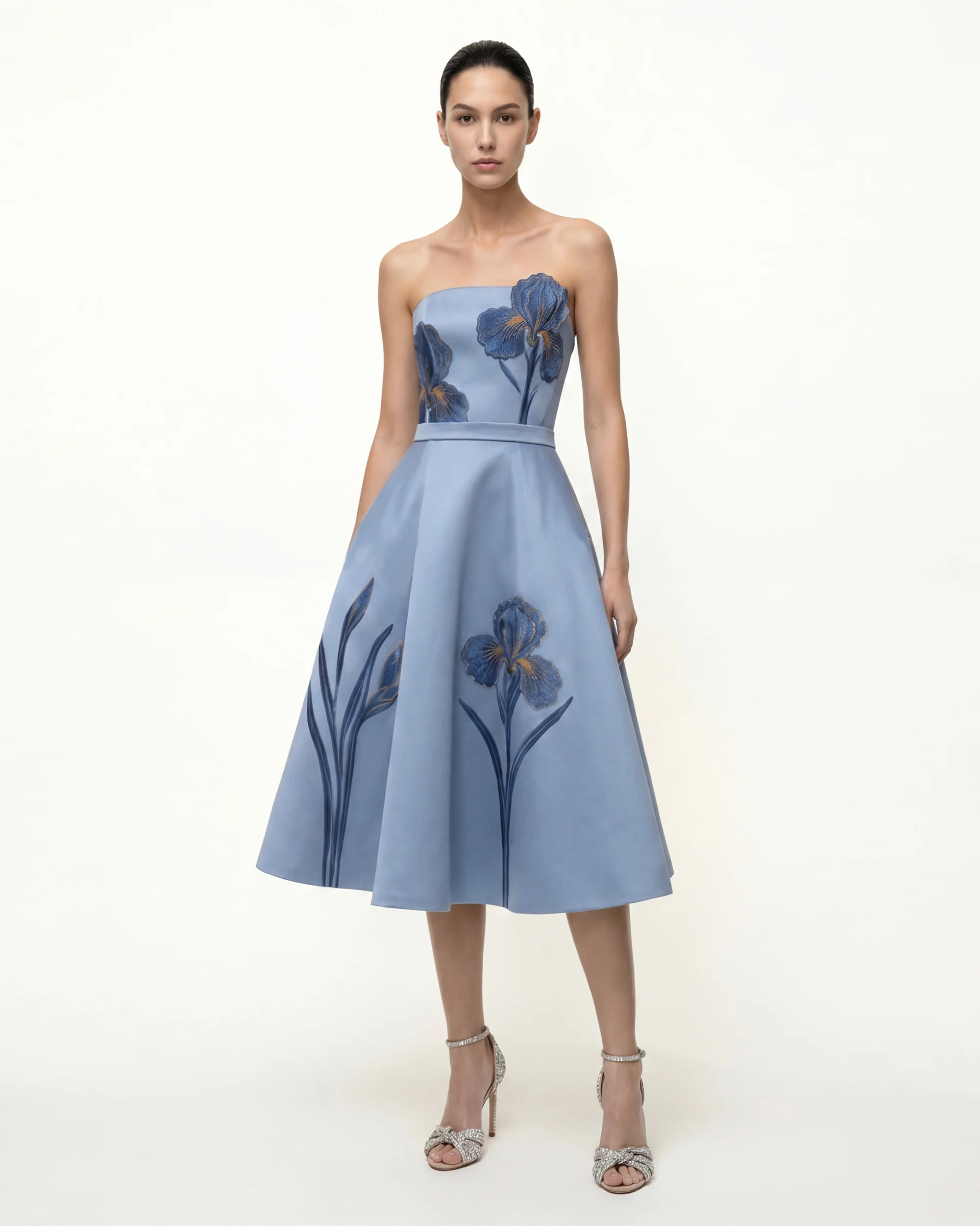 Iris Embroidered Strapless A-Line Midi Dress - Dusty Blue