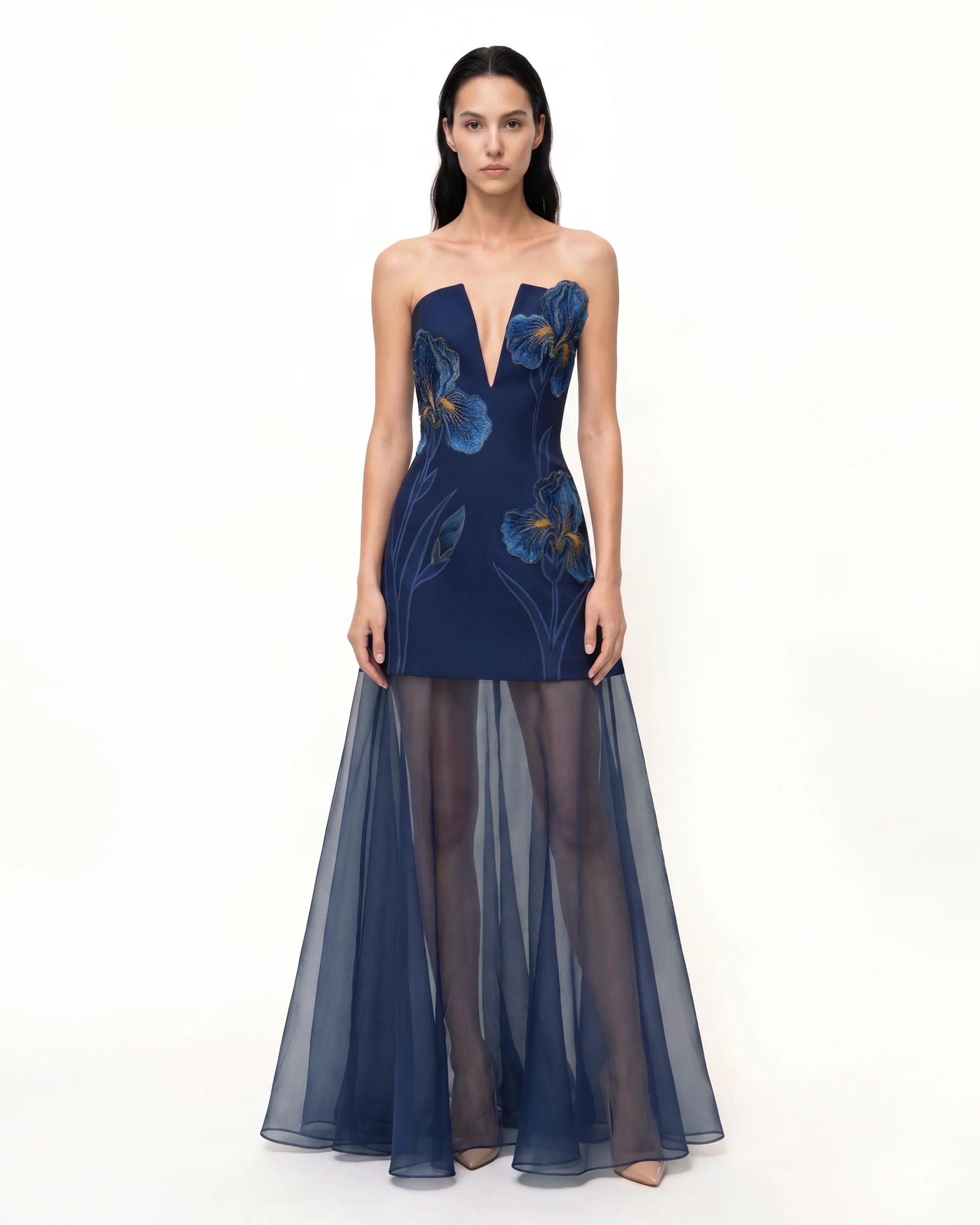 Iris Embroidered Plunge Sheer Overlay Maxi Dress - Navy Blue
