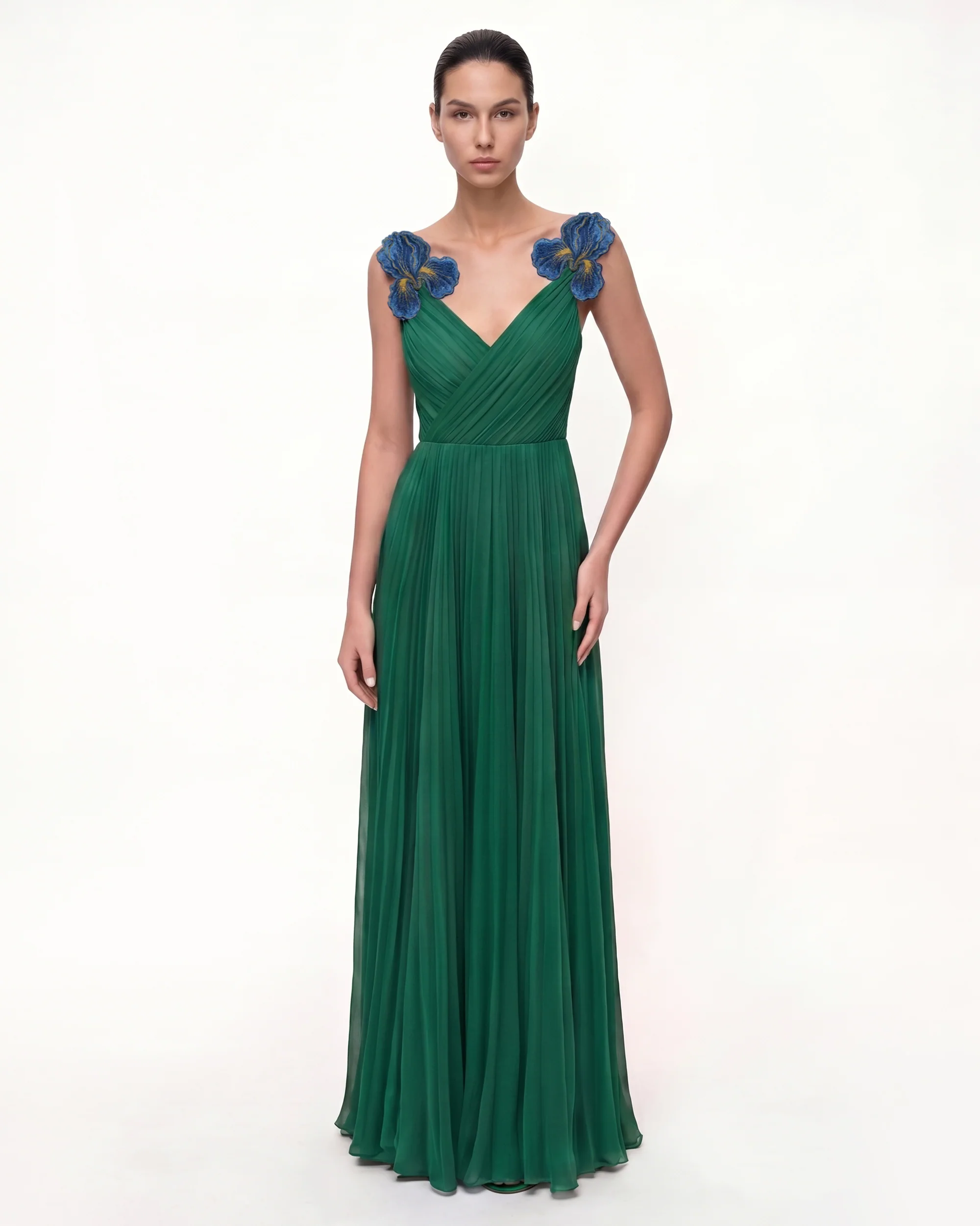 Iris Embroidered Pleated V-Neck Maxi Dress - Emerald Green
