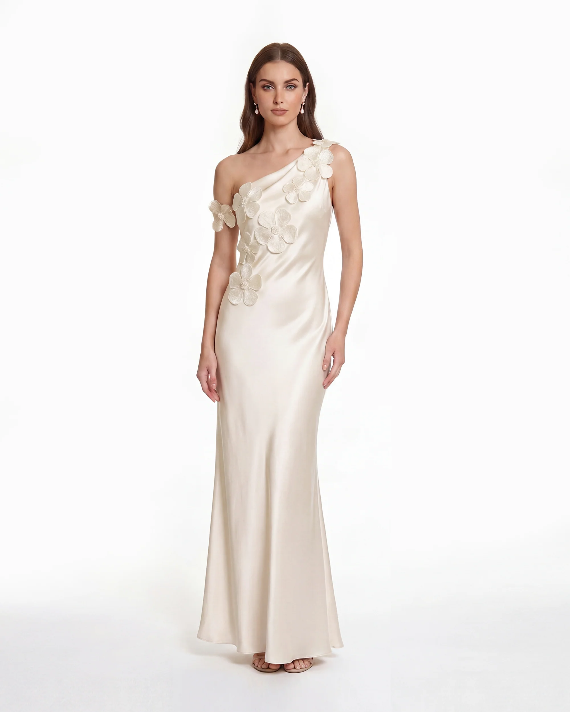 Floral Appliqu?? One Shoulder Sheath Maxi Dress - Ivory