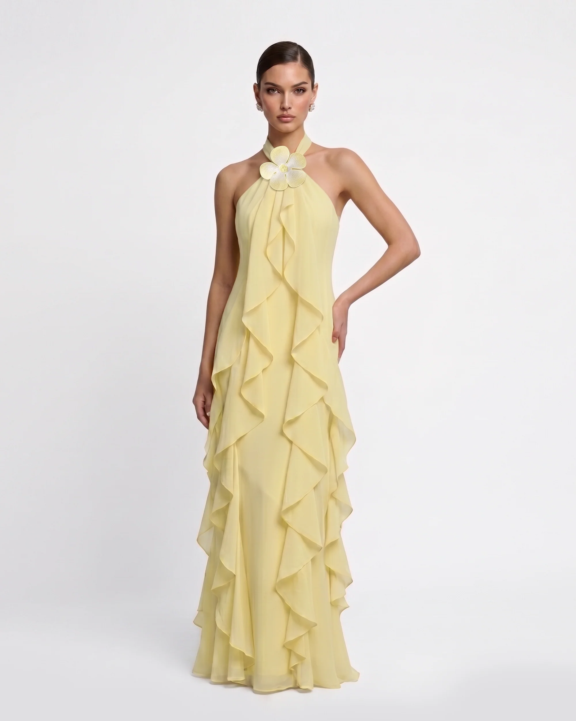 Floral Appliqu?? Ruffle Halter Chiffon Maxi Dress - Yellow