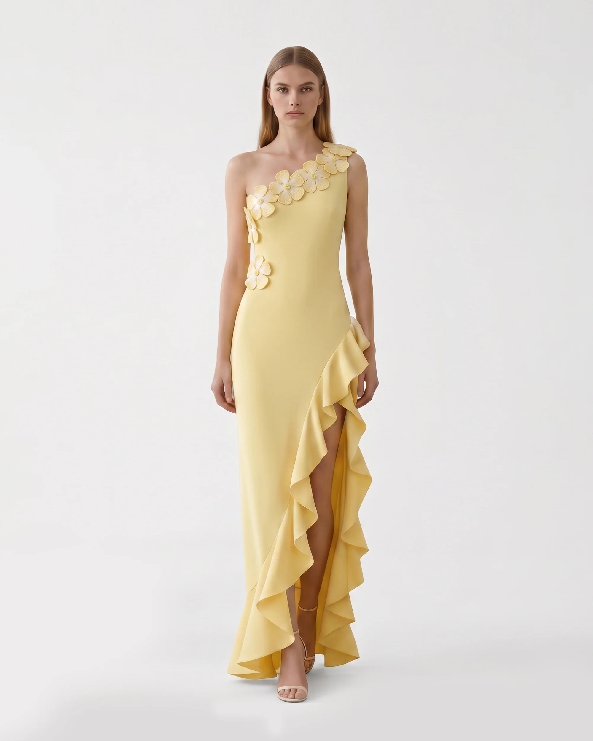 Floral Appliqu?? One Shoulder Ruffle Slit  Dress - Yellow