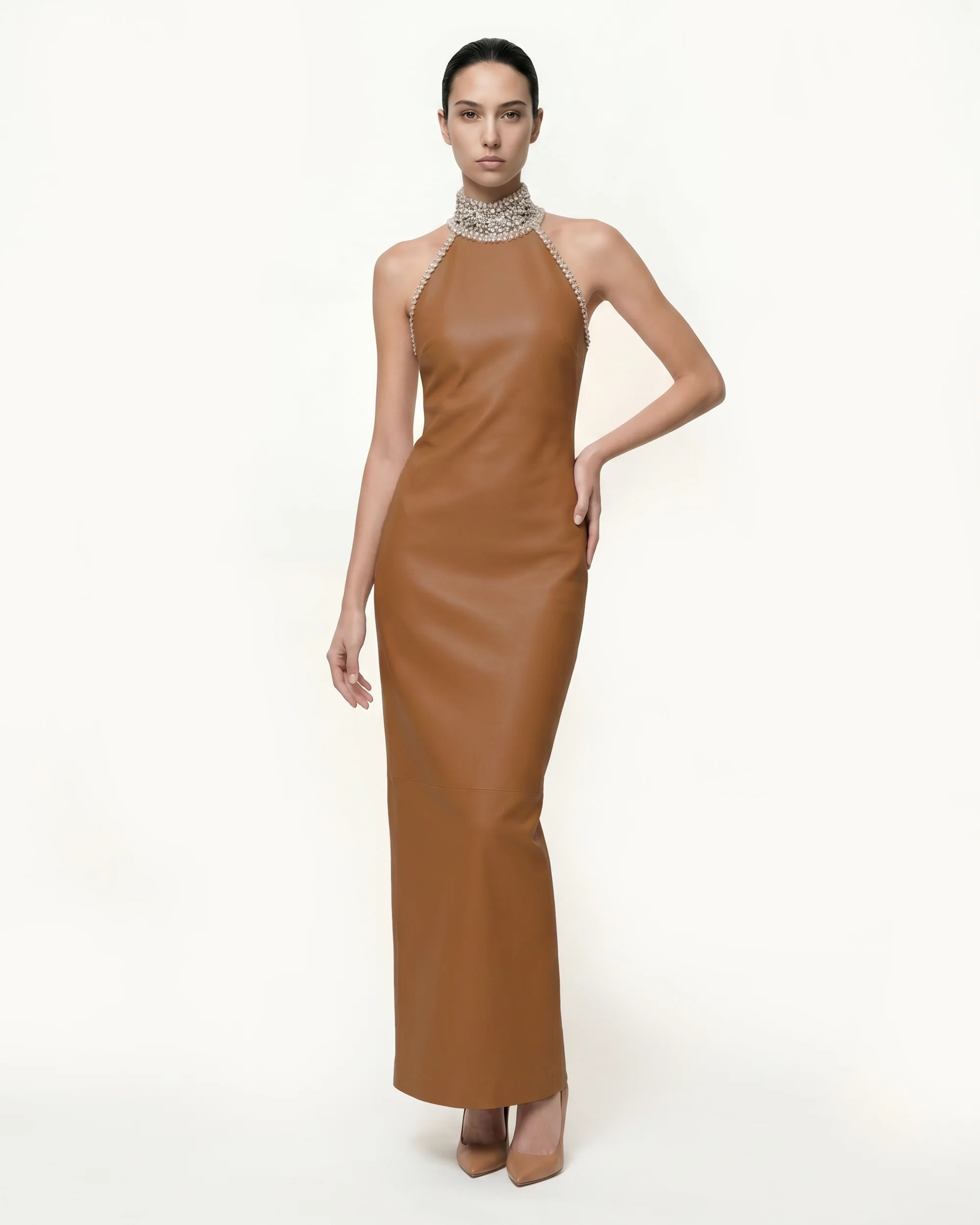 Jeweled High Neck Halter Maxi Dress - Caramel Brown