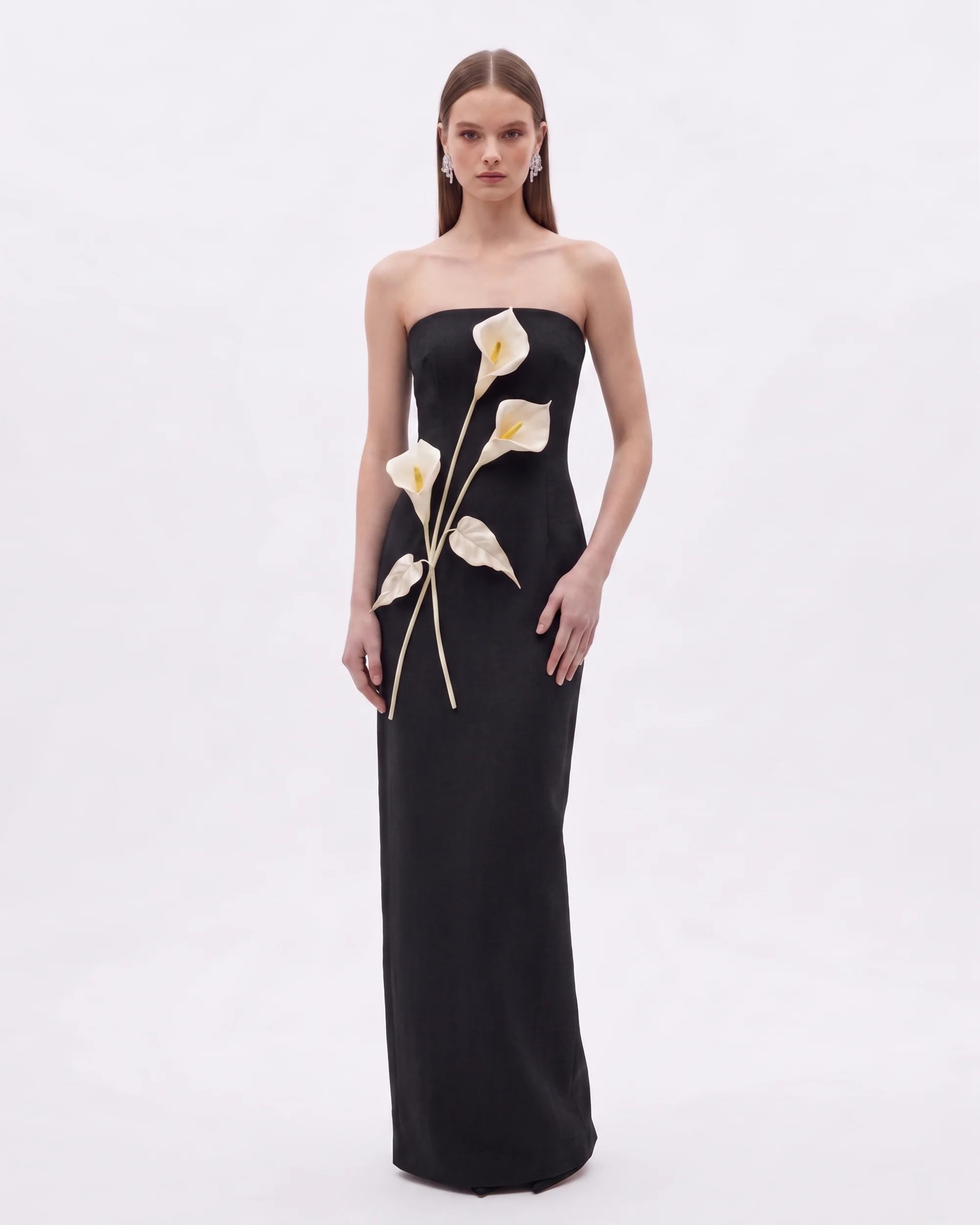 Floral Appliqu?? Strapless Dress - Black