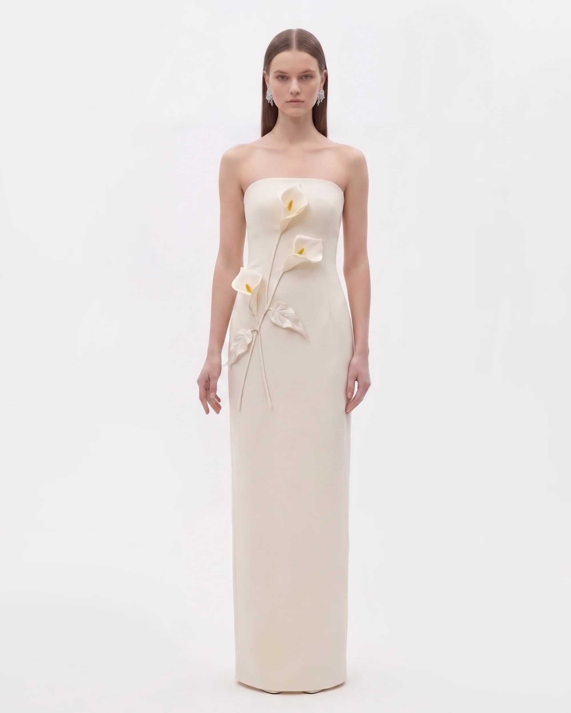 Floral Appliqu?? Strapless Dress - Cream Ivory
