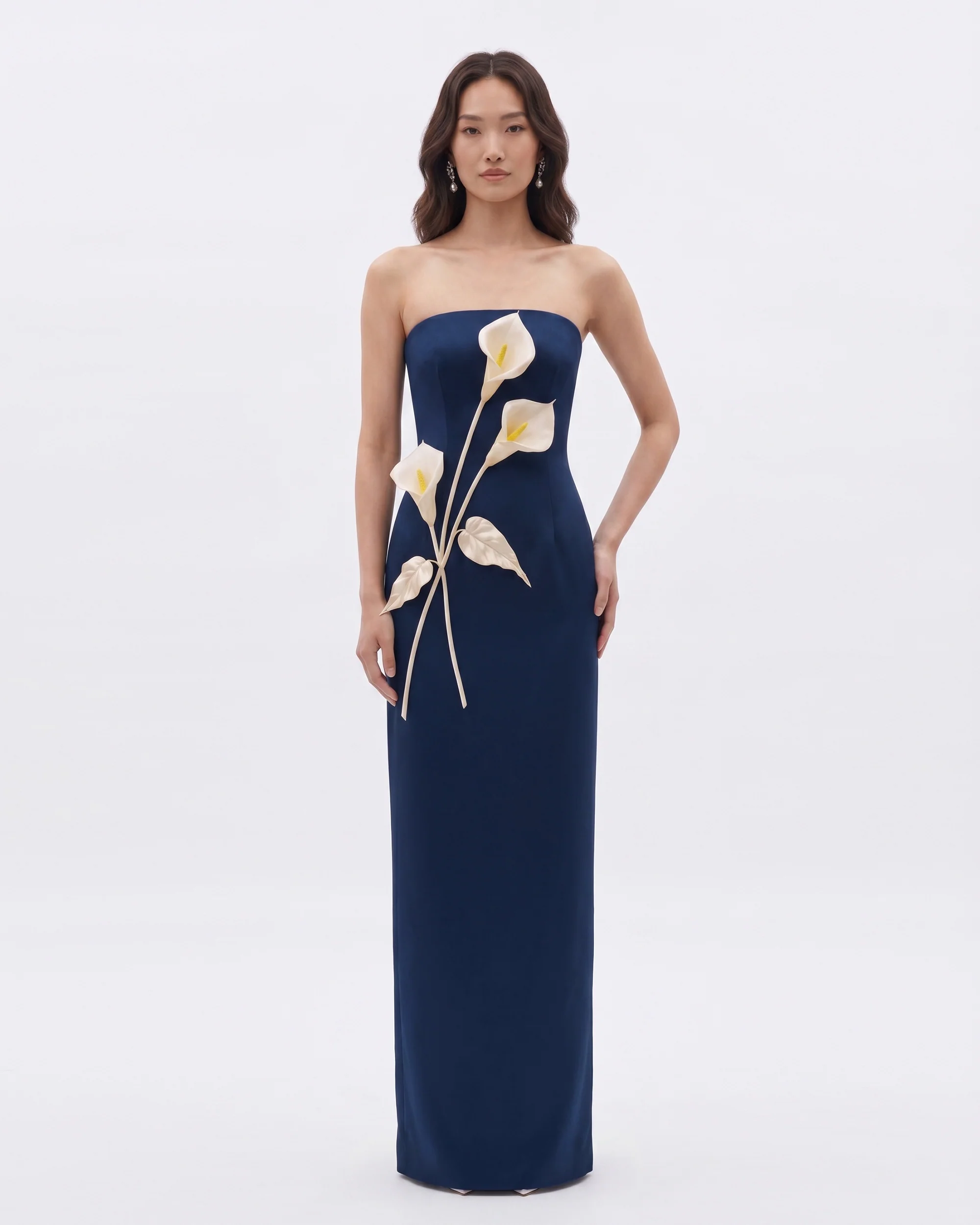 Floral Appliqu?? Strapless Dress - Navy Blue