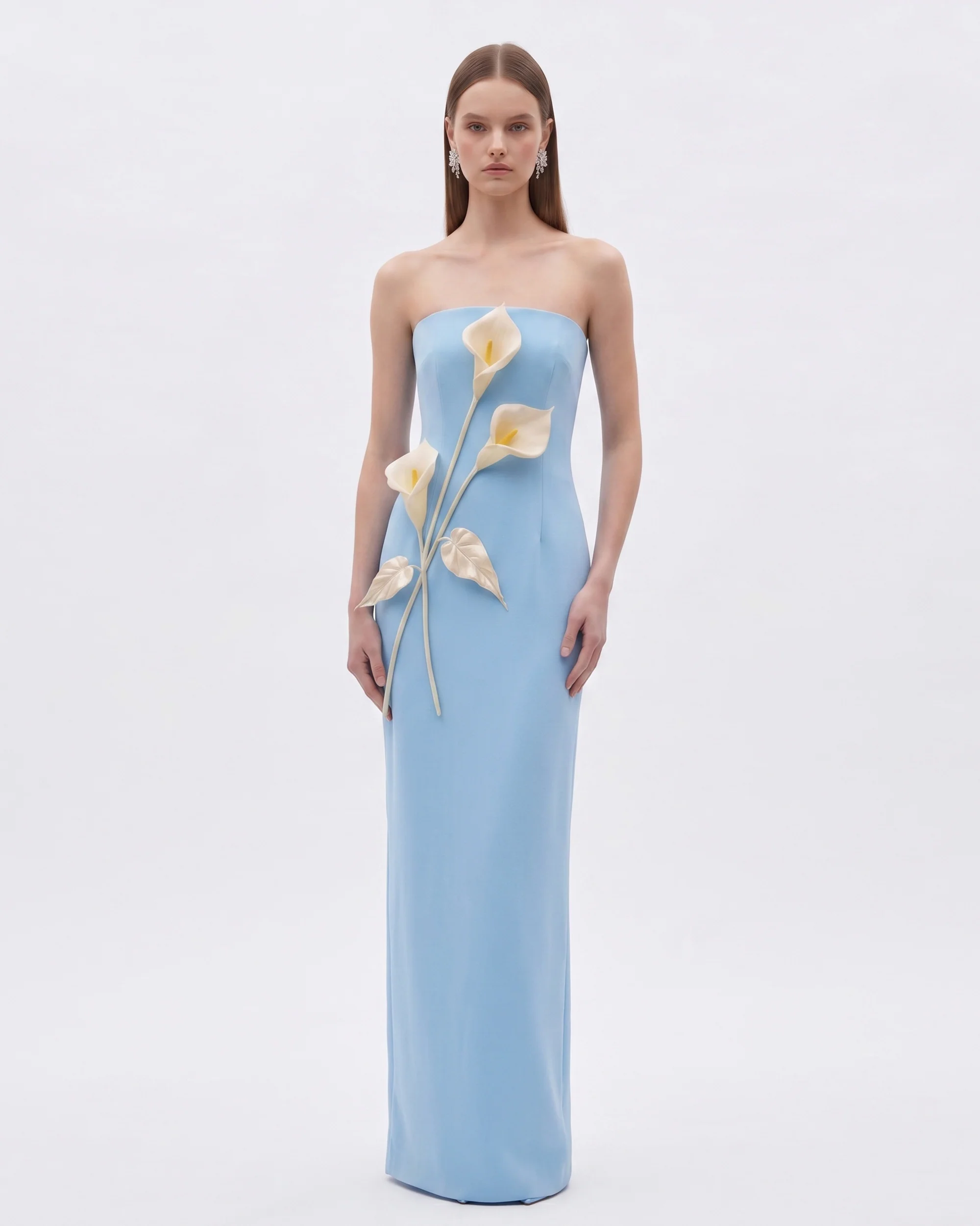 Floral Appliqu?? Strapless Dress - Light Blue