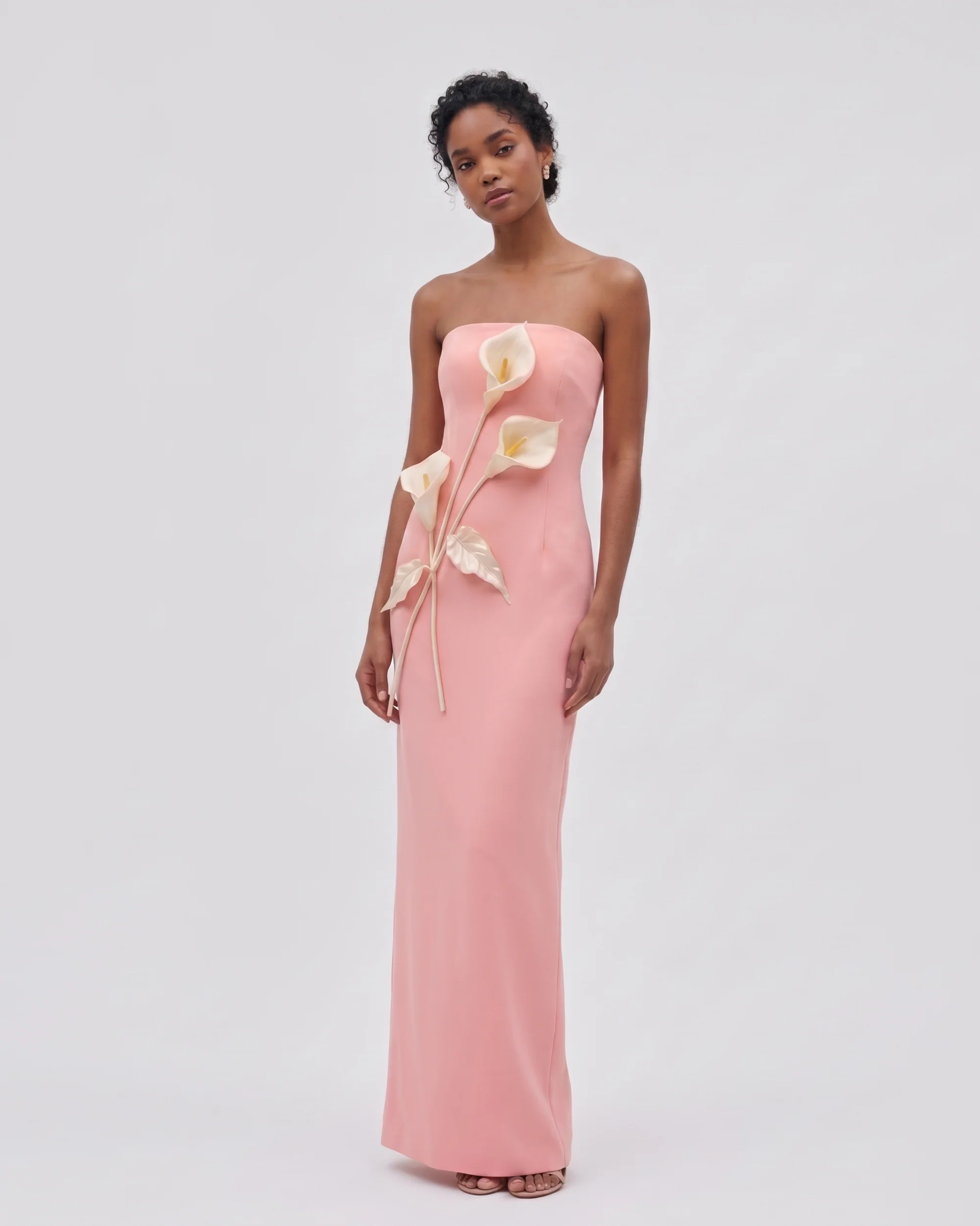 Floral Appliqu?? Strapless Dress - Coral Pink