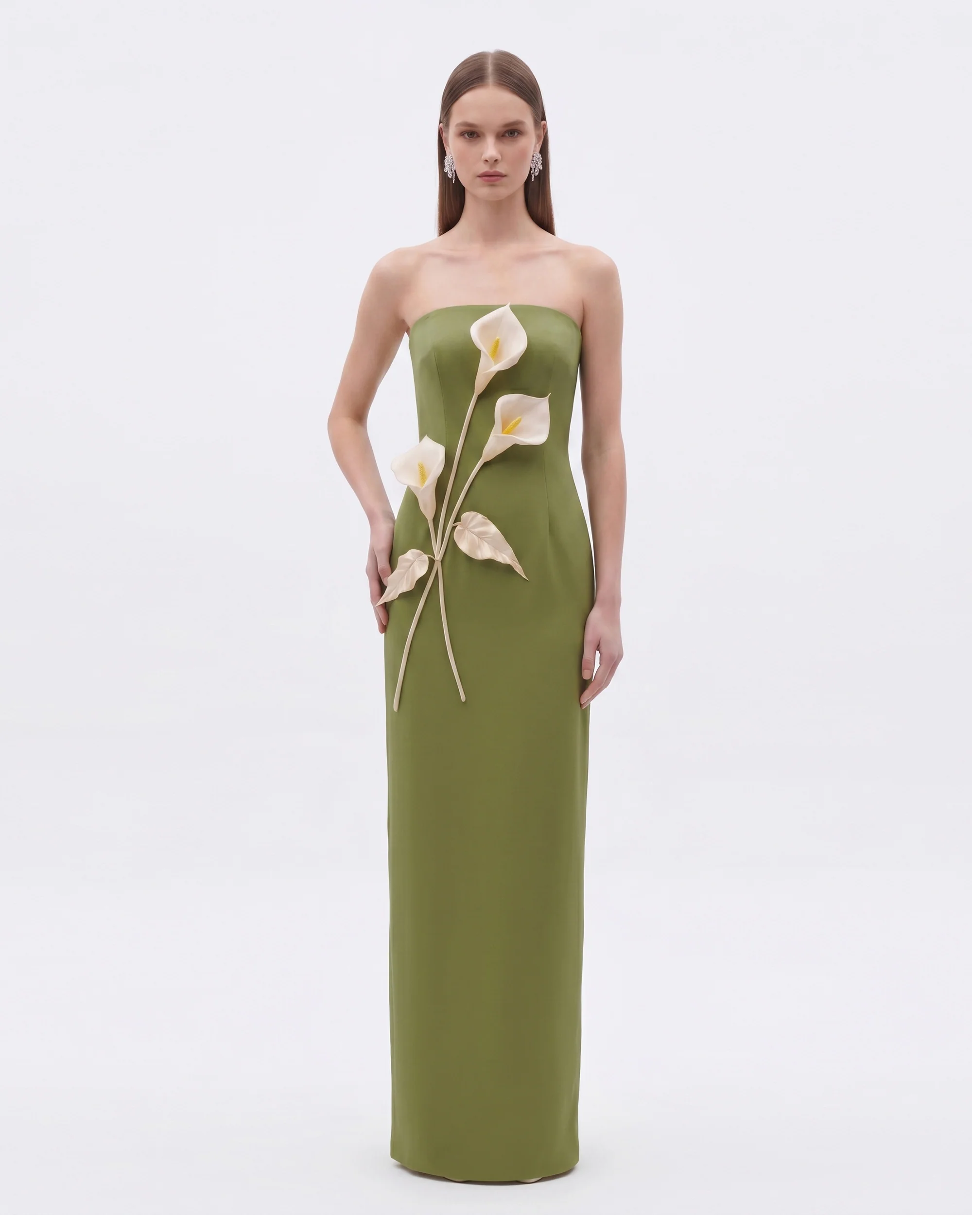 Floral Appliqu?? Strapless Dress - Olive Green