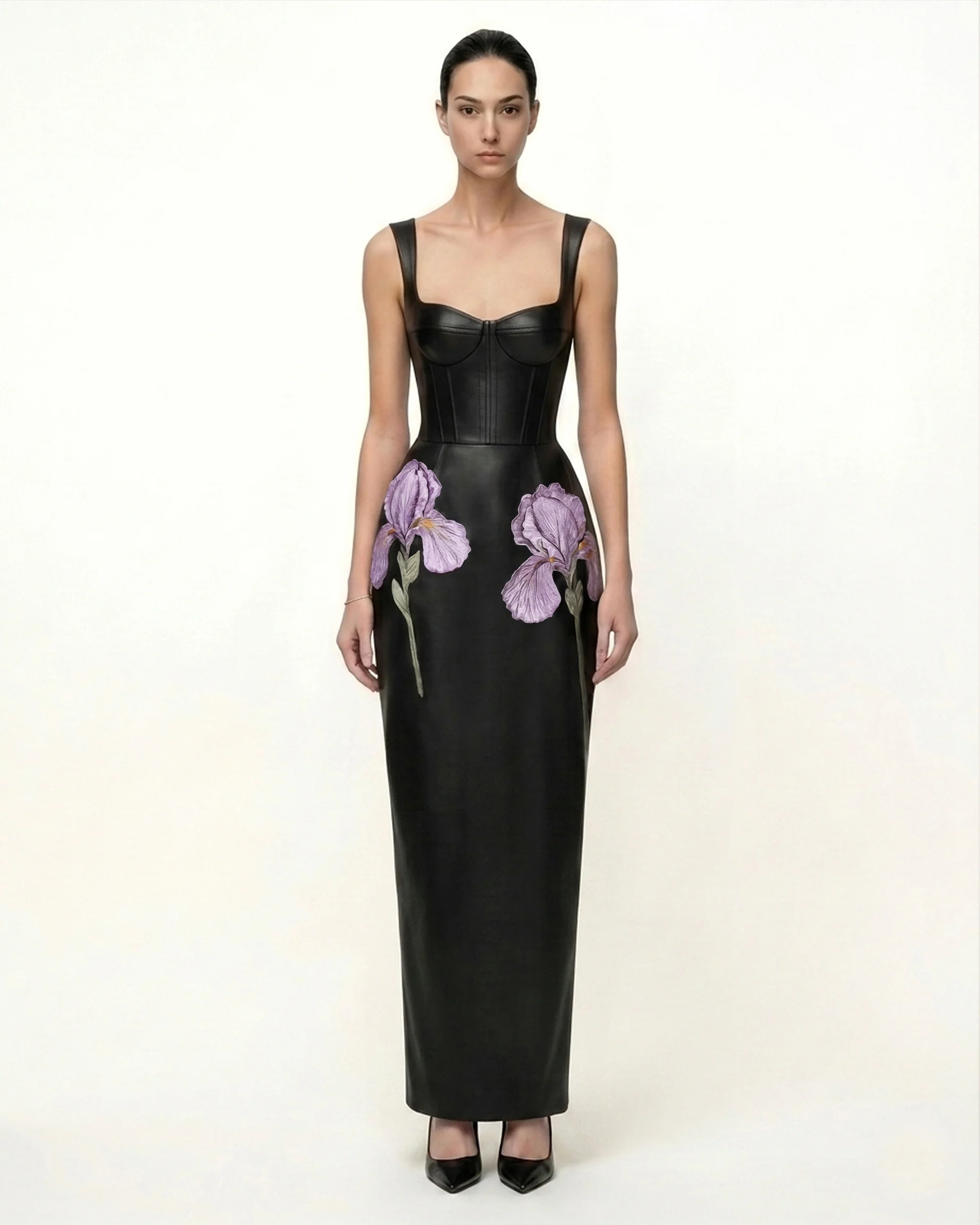 Iris Floral-Print Strappy Corset Leather Maxi Dress - Black