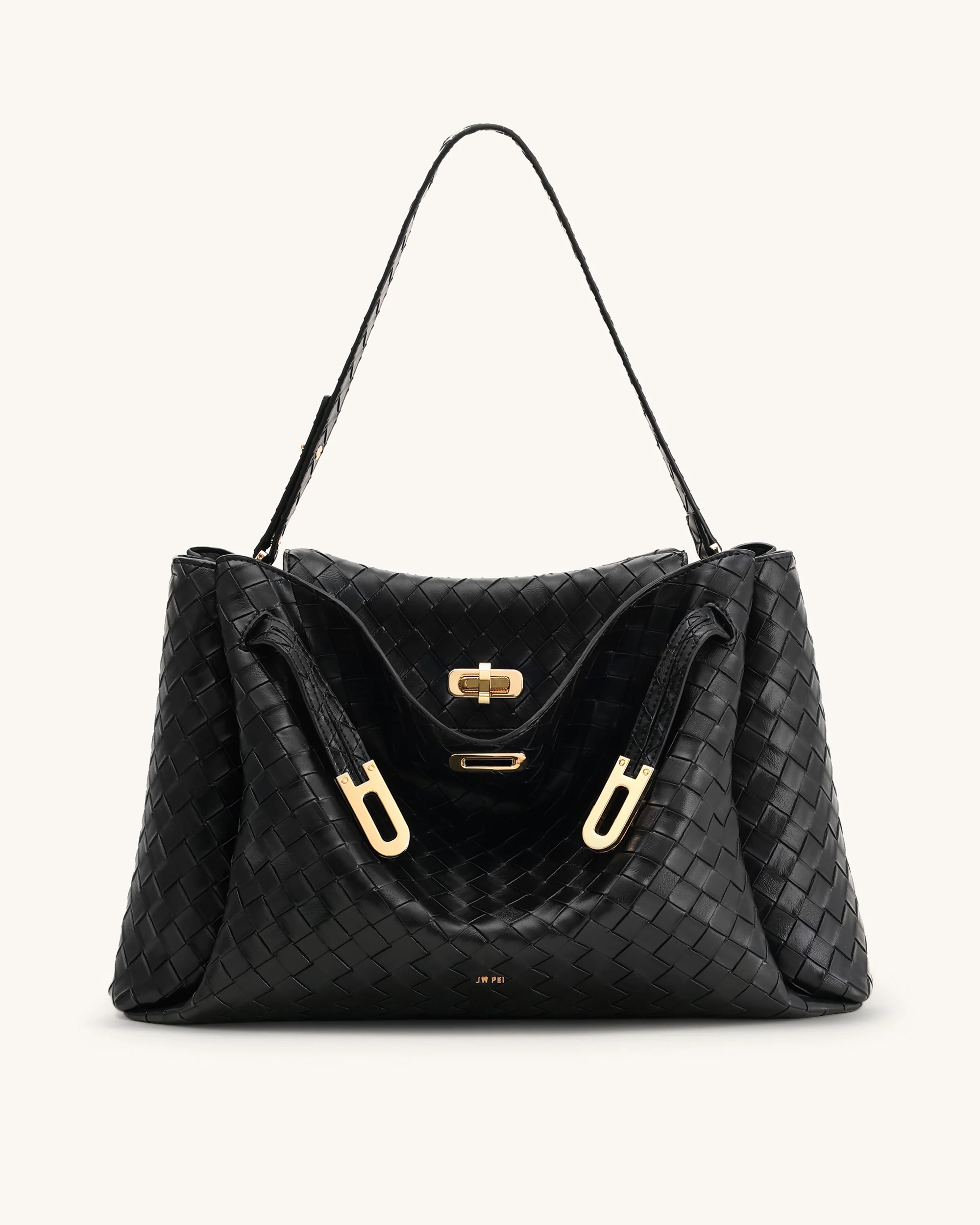Rhea Large Woven Textured Shoulder Bag - Black