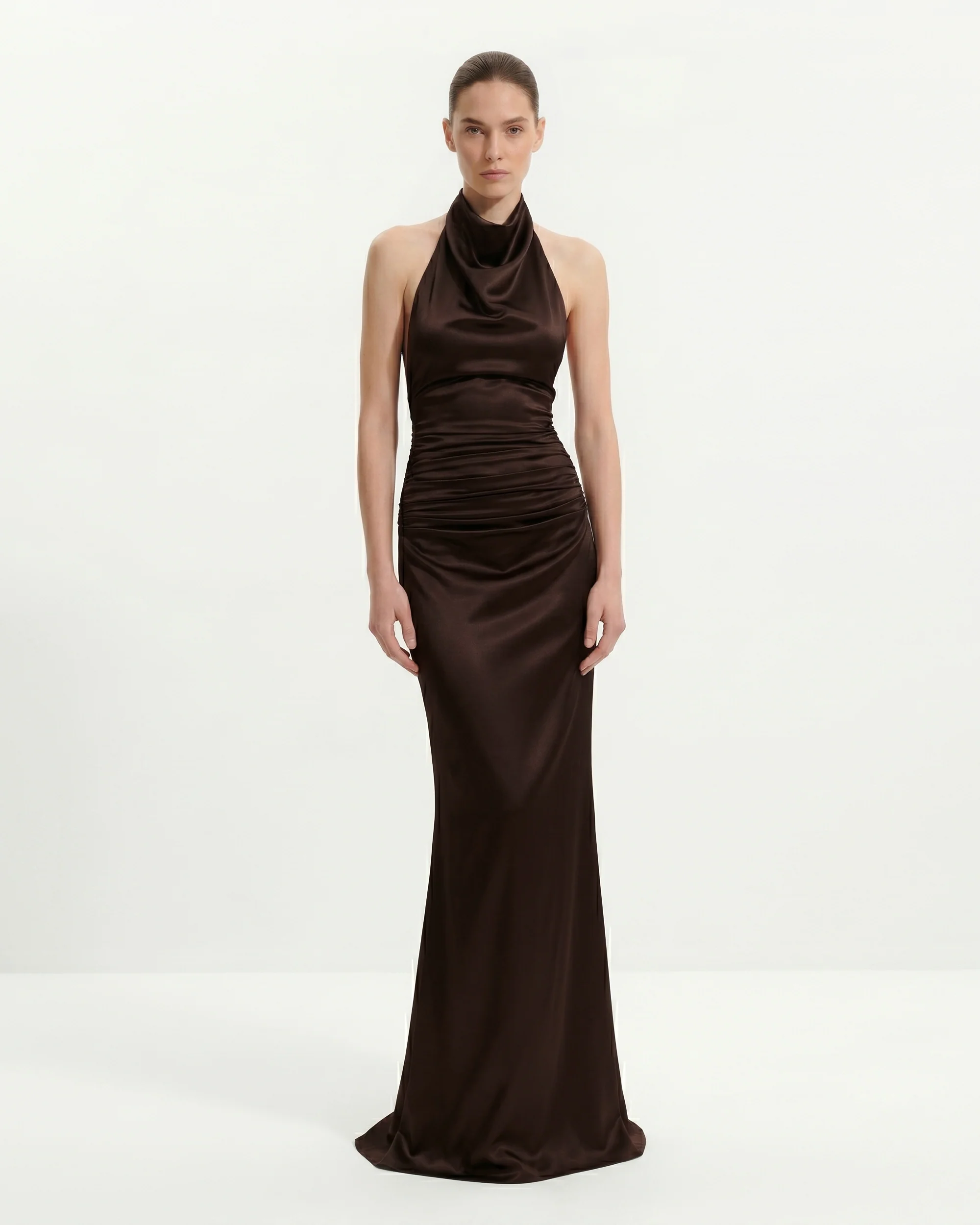 Satin Cowl Neck Ruched Maxi Gown - Dark Chocolate