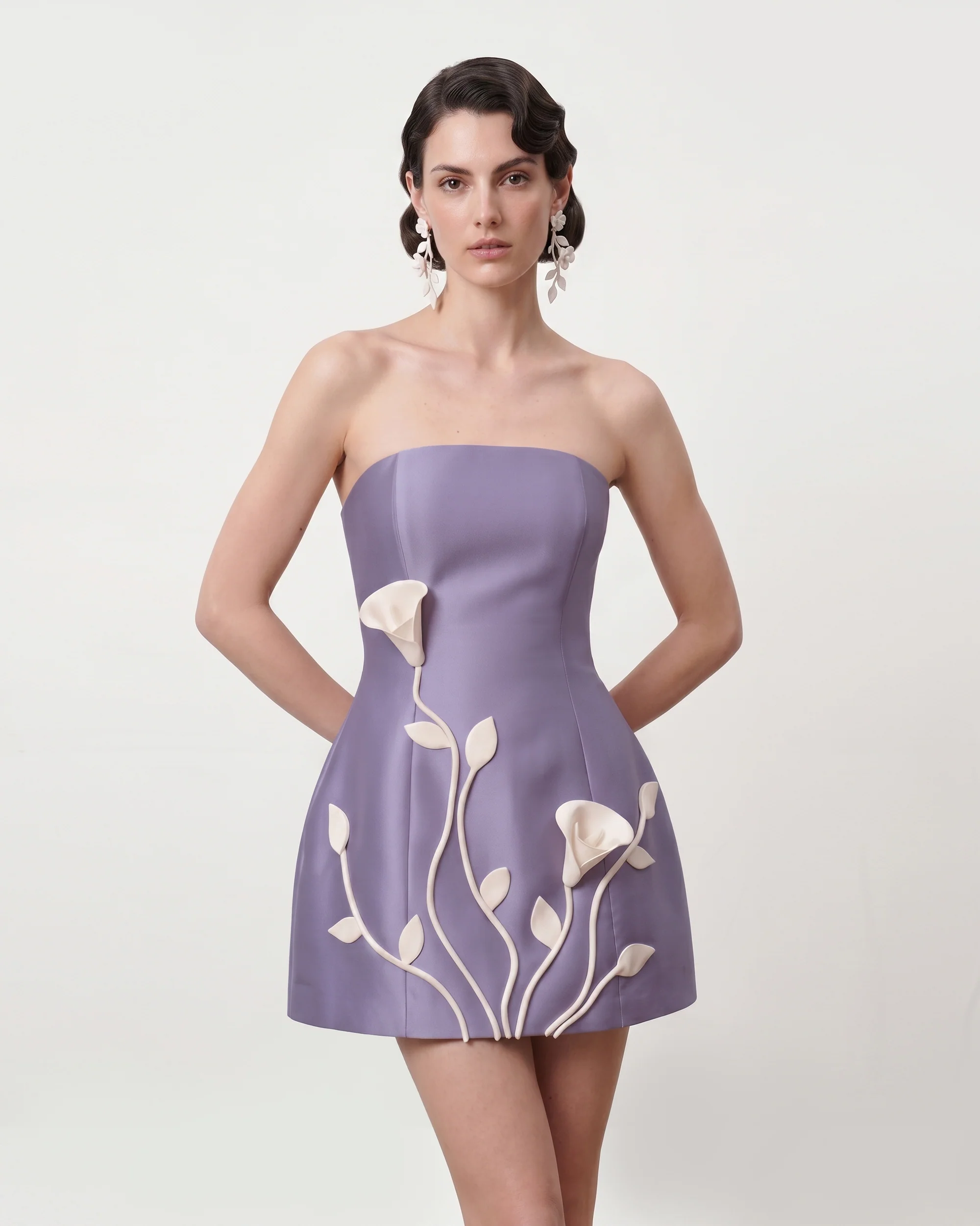 3D Vine Floral Strapless Mini Dress - Purple