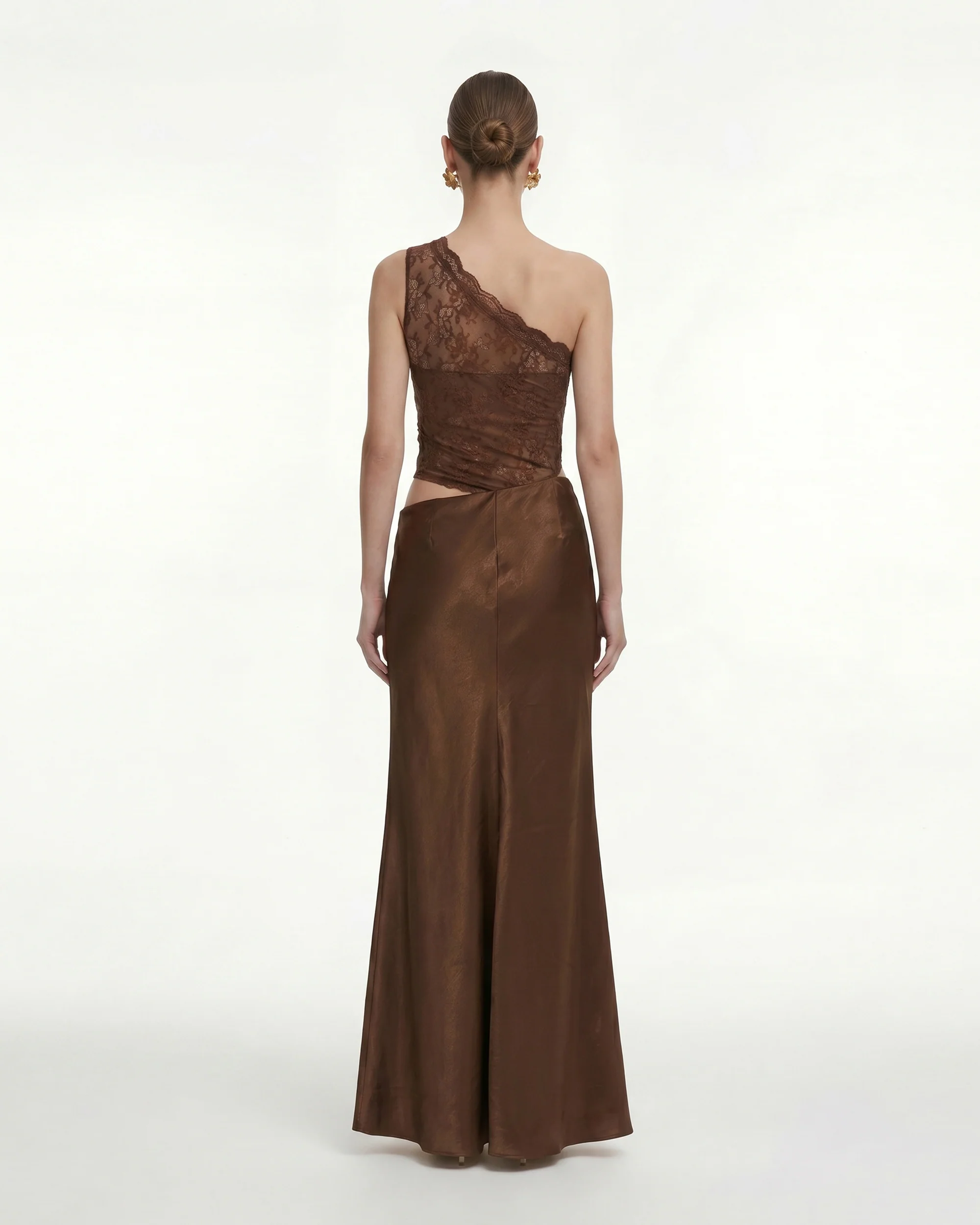 Floral One Shoulder Satin Dress - Brown