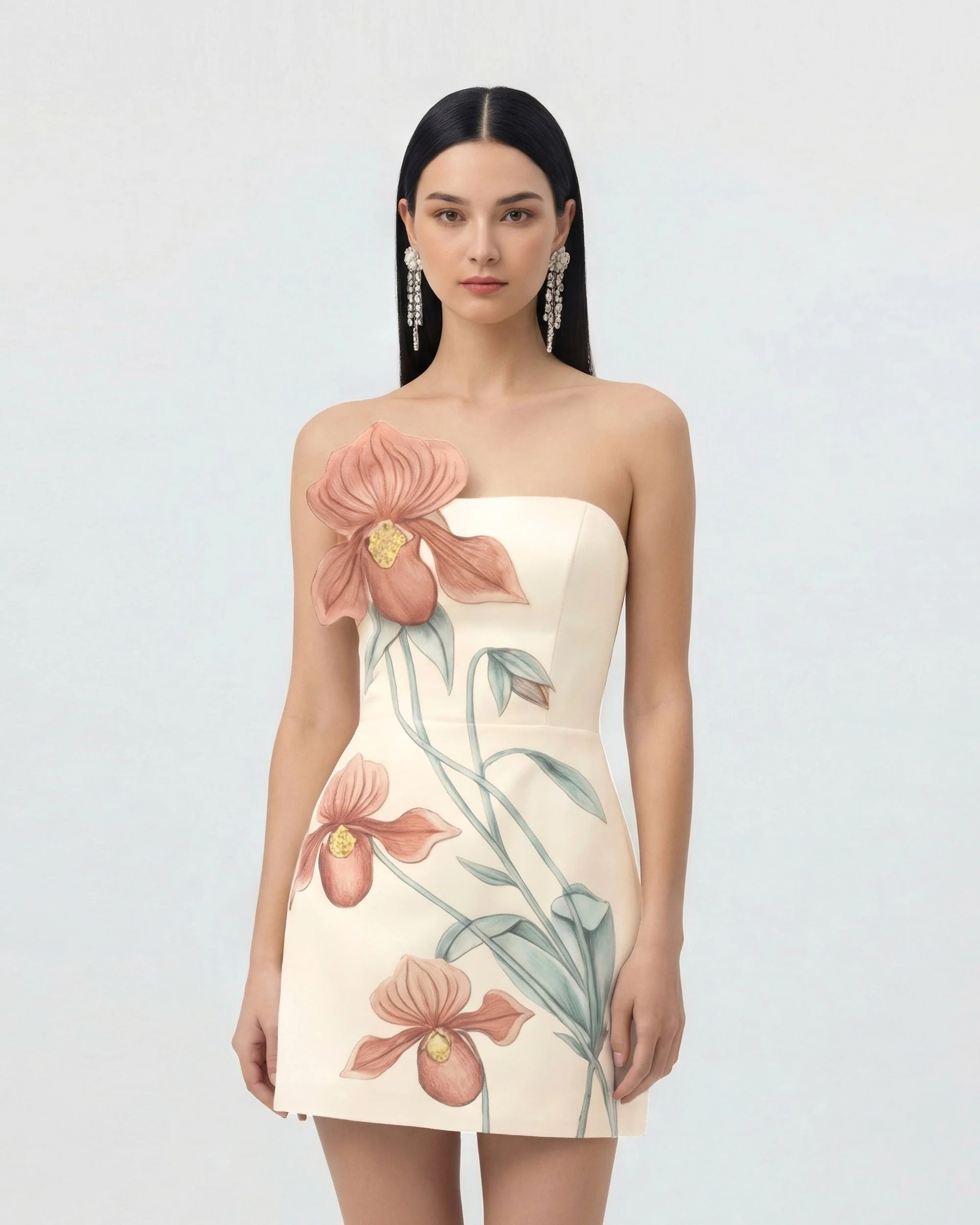 Slipper Orchid Appliqu?? Mini Dress - Ivory/Peach Pink