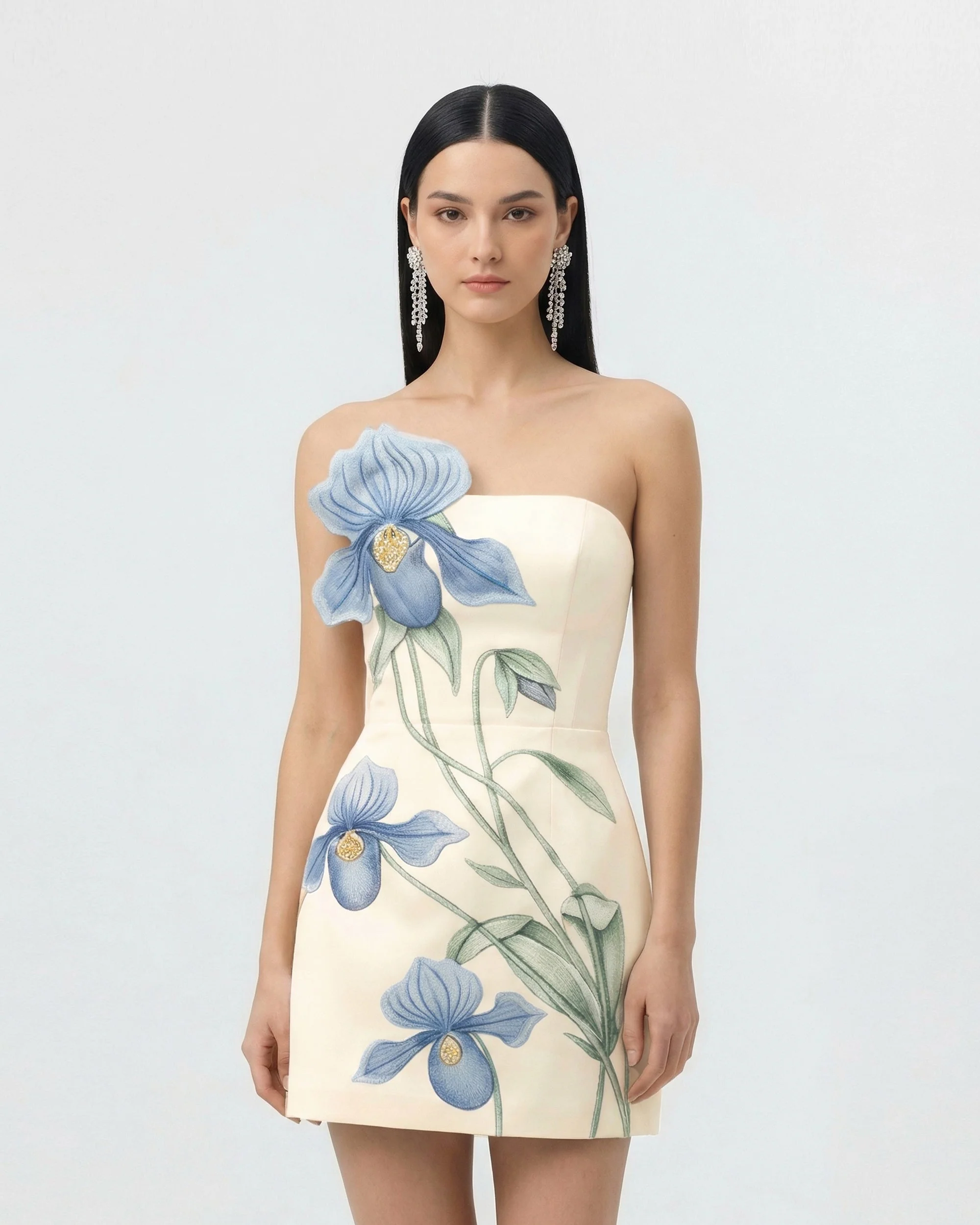 Slipper Orchid Appliqu?? Mini Dress - Ivory/Blue