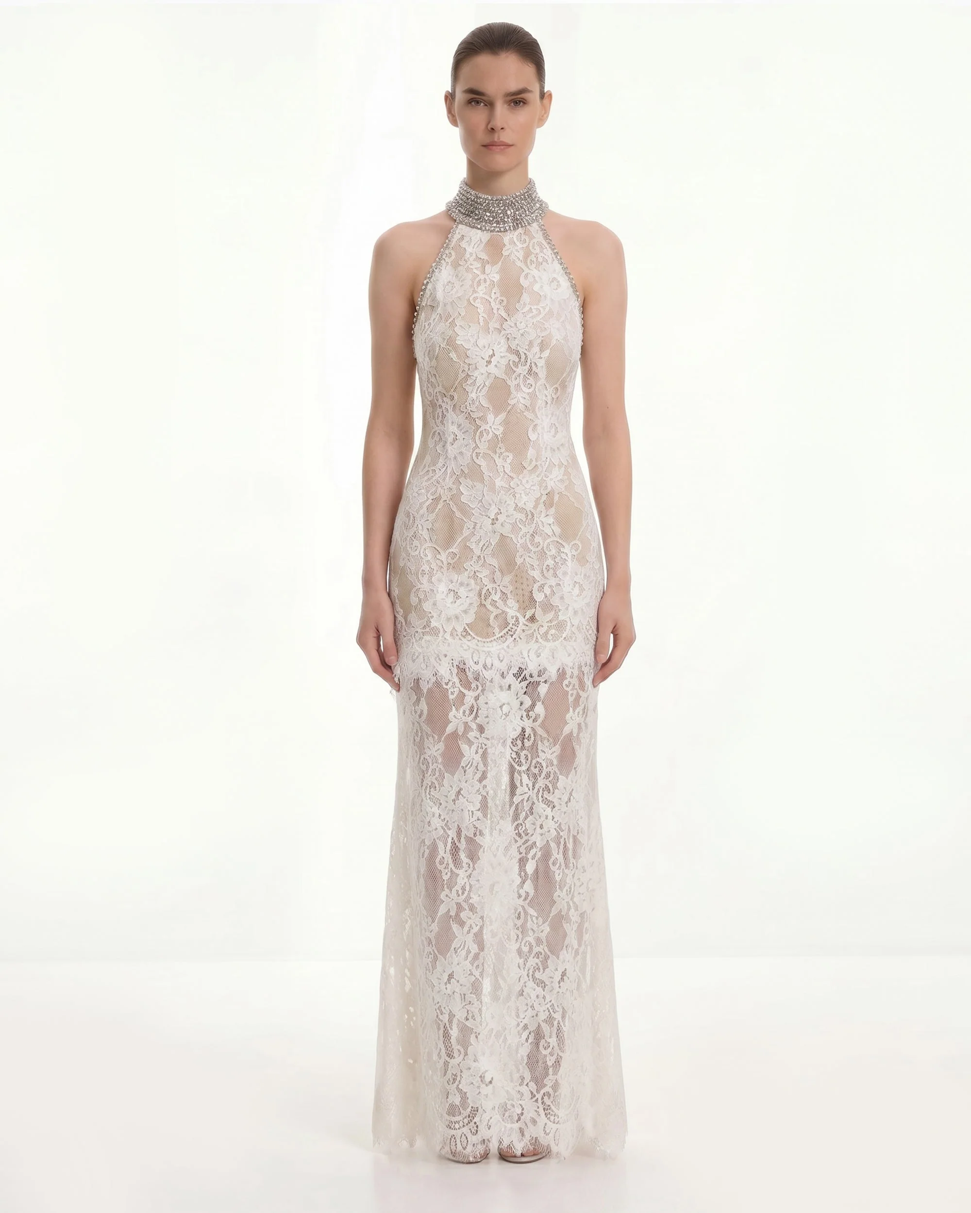 Jeweled Lace Halter Dress - White