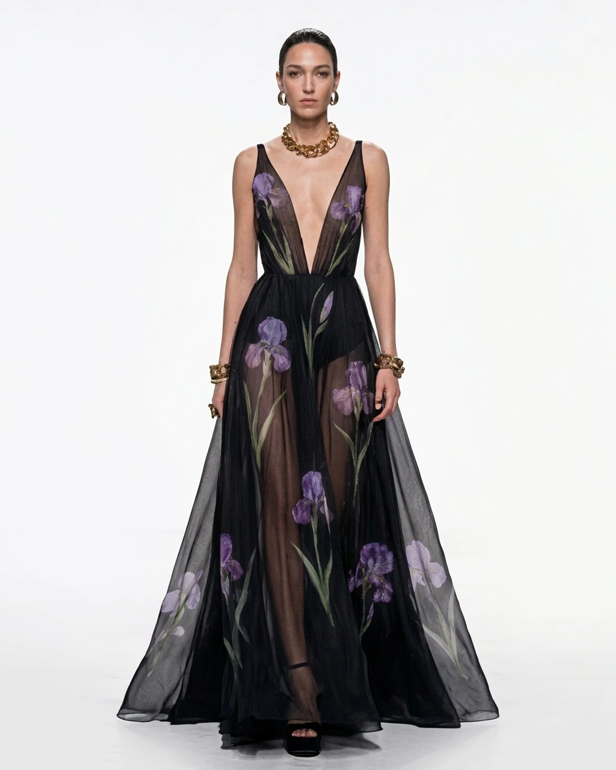 Sheer Floral Print Maxi Dress - Black