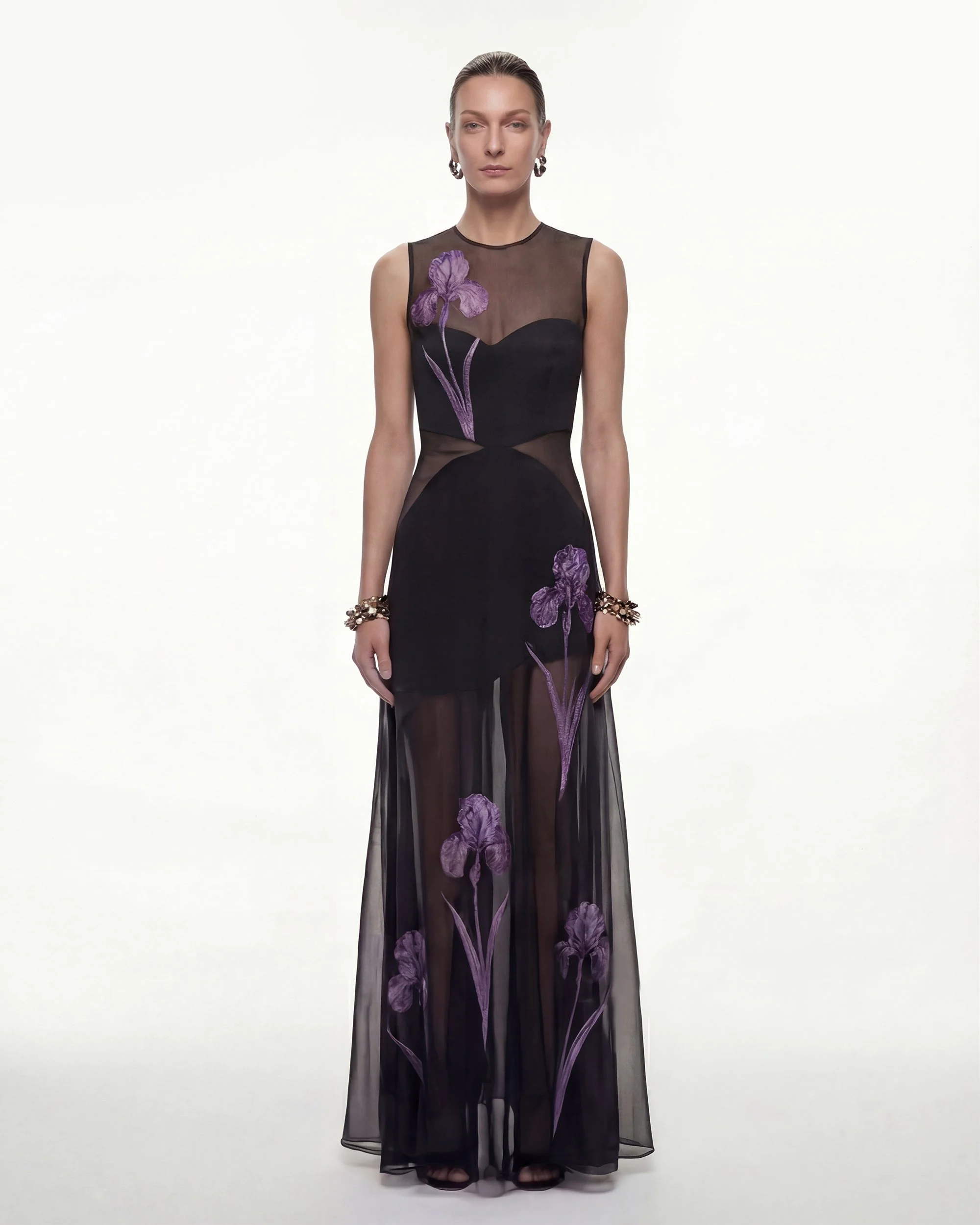 Sheer Floral Print Paneled Maxi Dress - Black