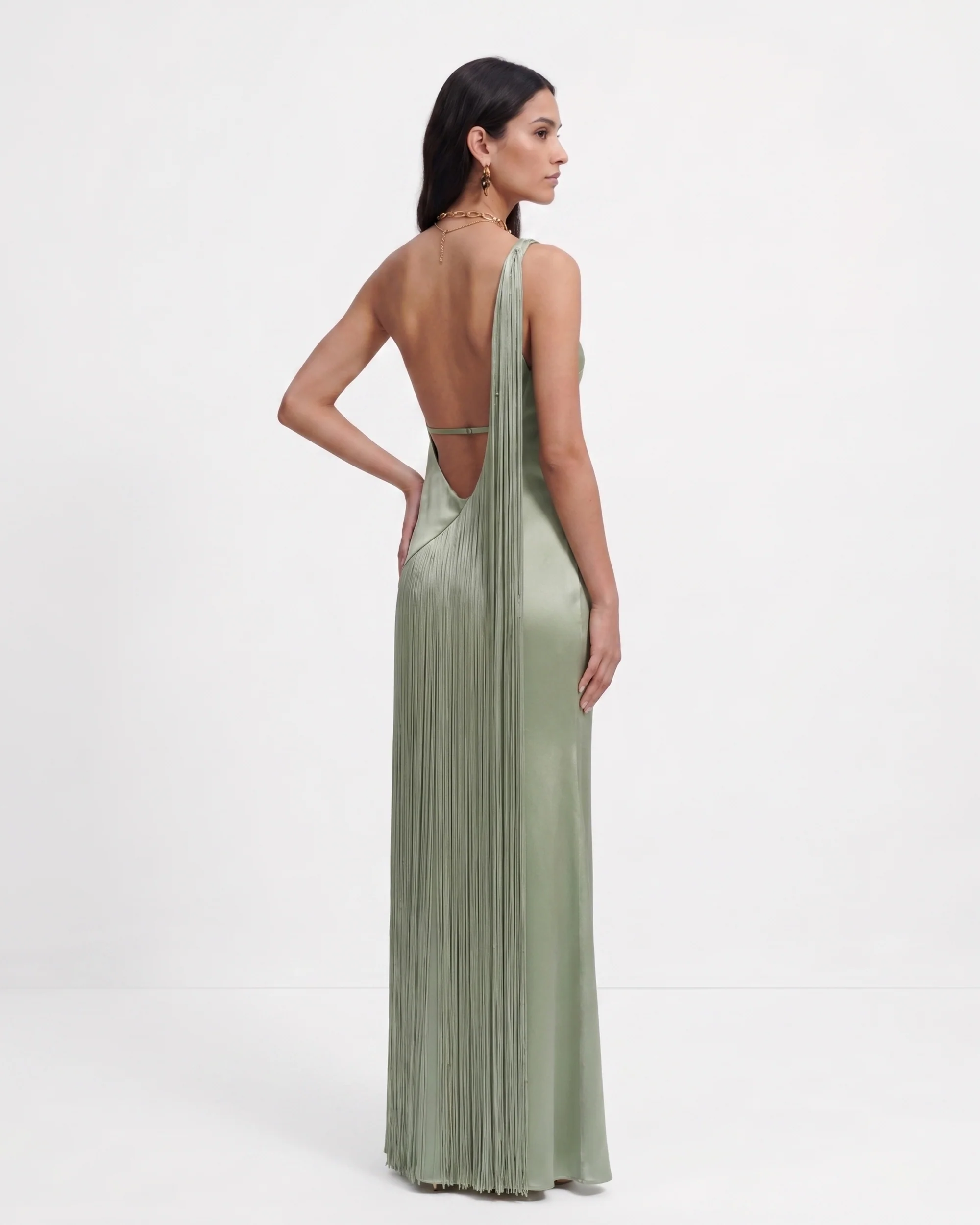 Fringe One Shoulder Maxi Dress - Sage Green