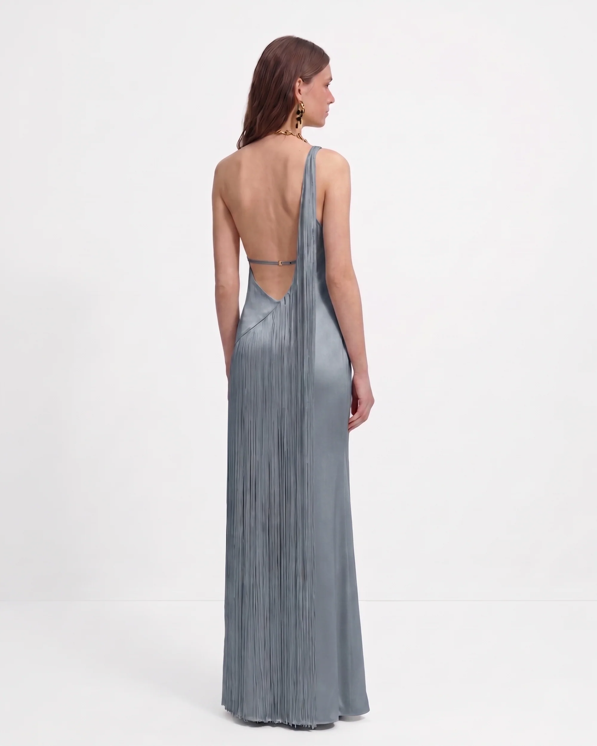 Fringe One Shoulder Maxi Dress - Misty Blue