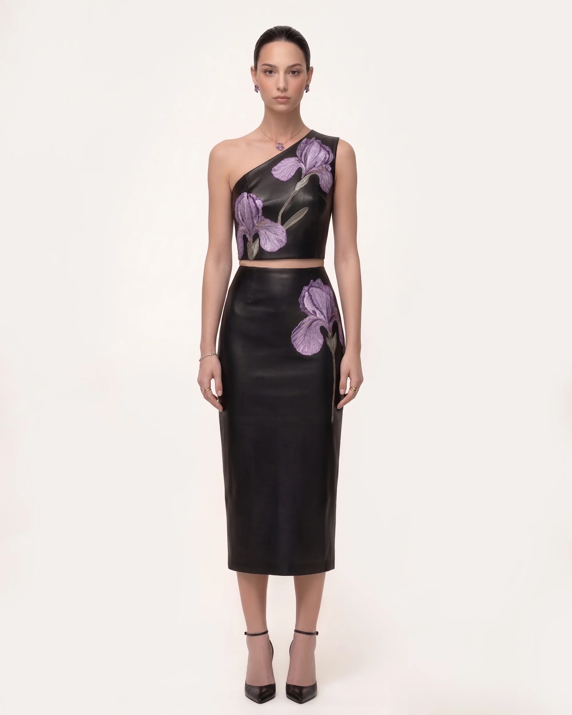 Iris Floral-Print High Waist Pencil Leather Midi Skirt - Black