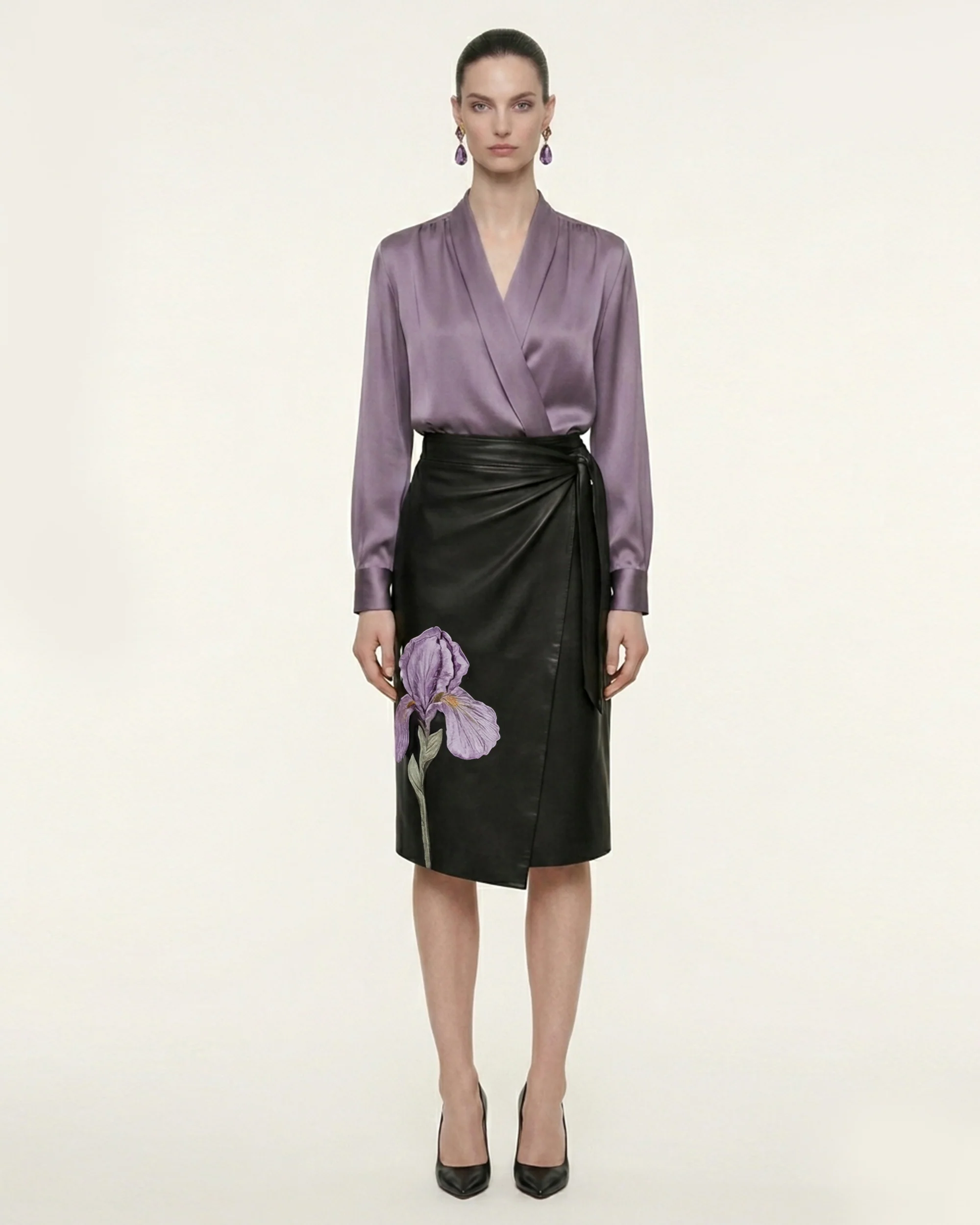 Satin Wrap V Neck Long Sleeve Blouse - Dusty Mauve