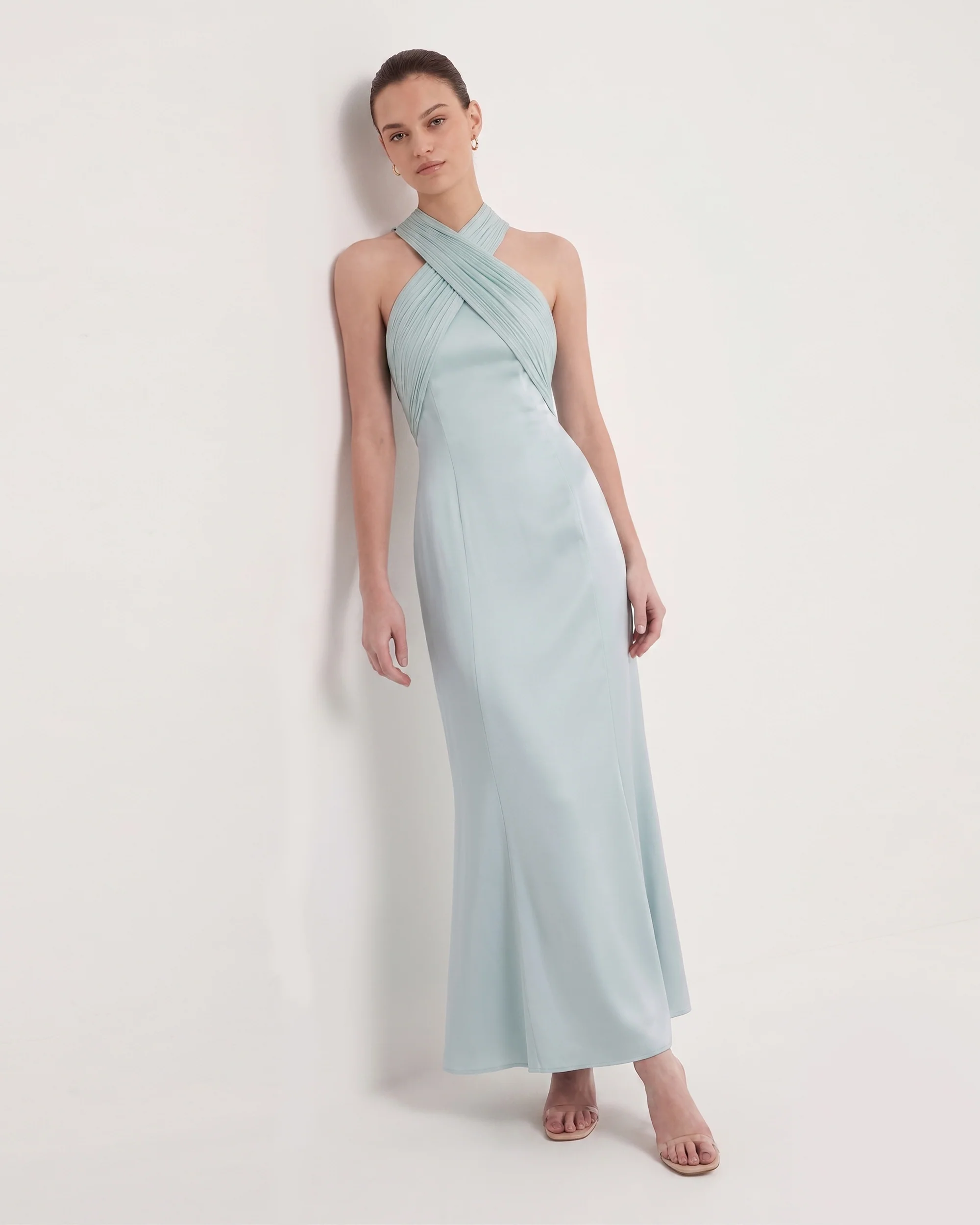 Pleated Cross-Halter Satin Maxi Dress - Dusty Blue
