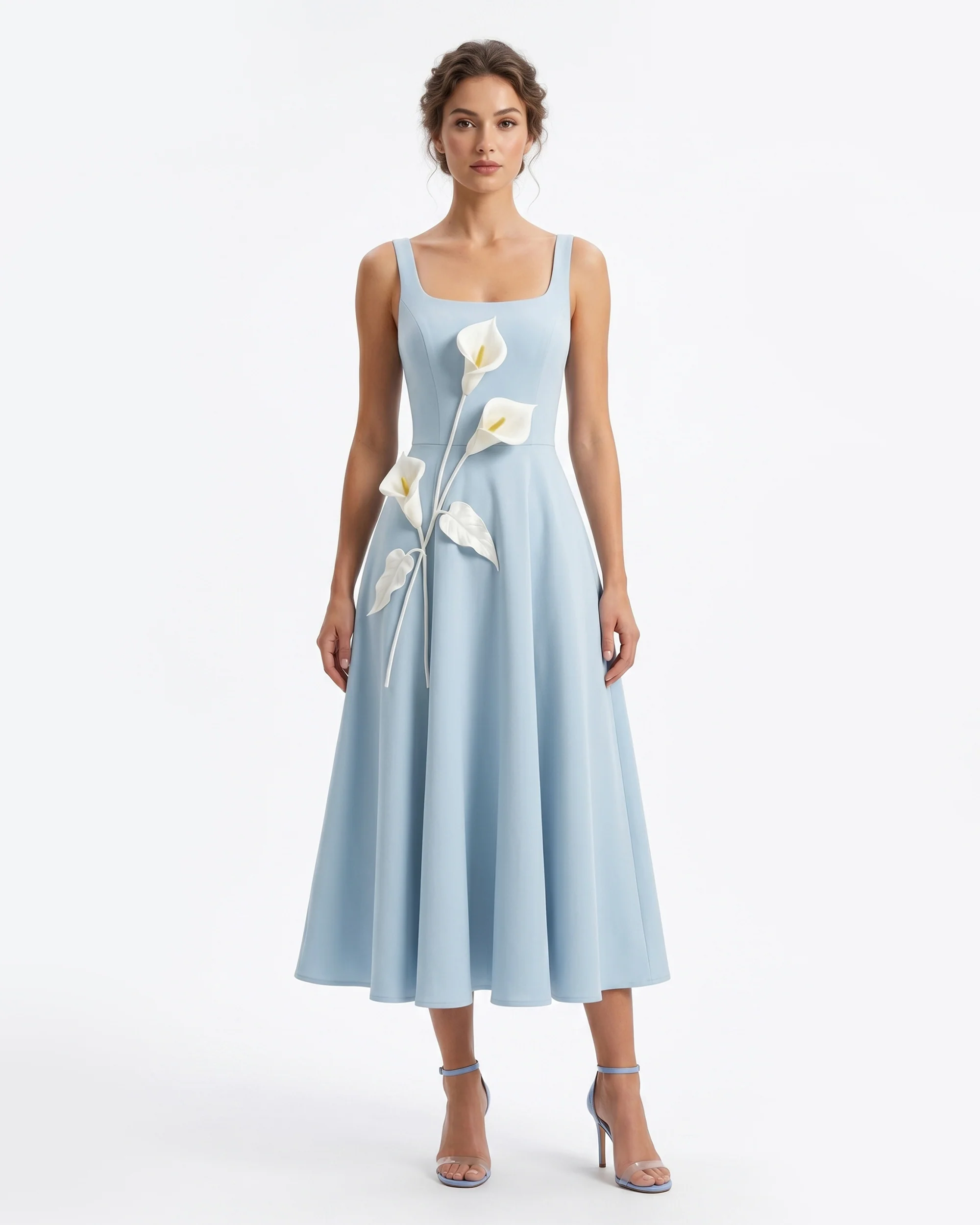 Floral Appliqu?? Square Neck Midi Dress - Light Blue