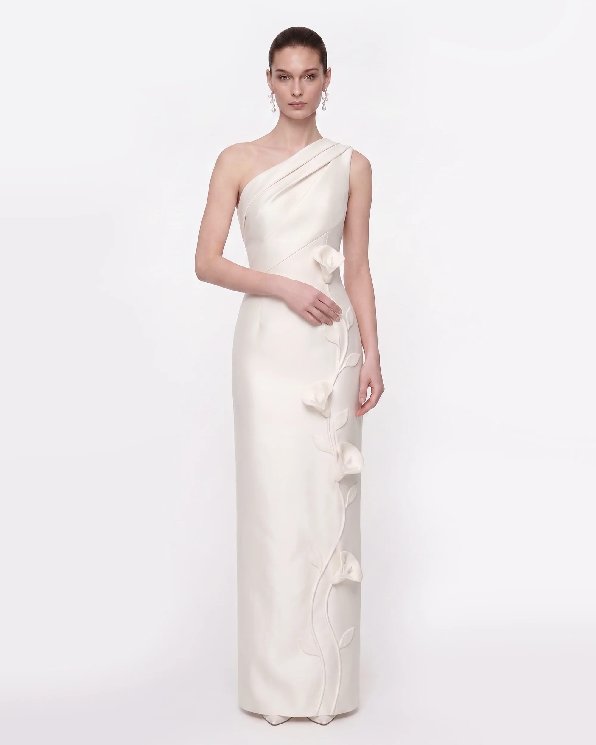 Floral Appliqu?? One-Shoulder Maxi Dress - White
