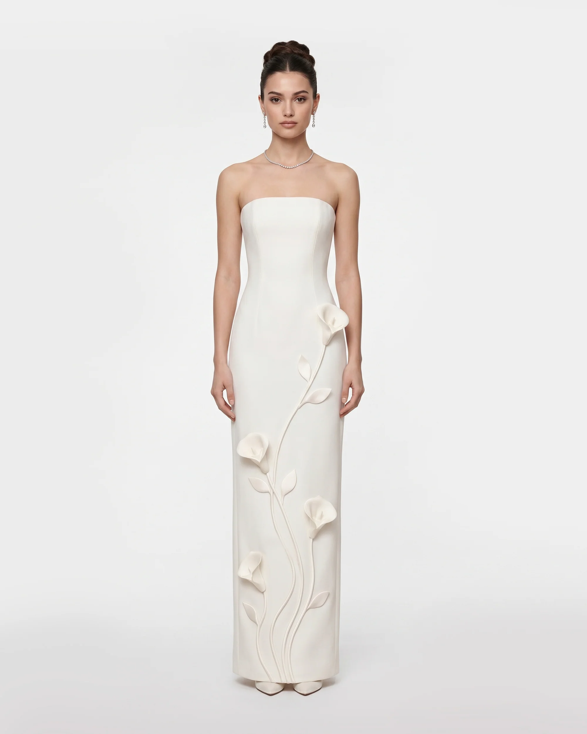 Floral Appliqu?? Strapless Column Dress - White
