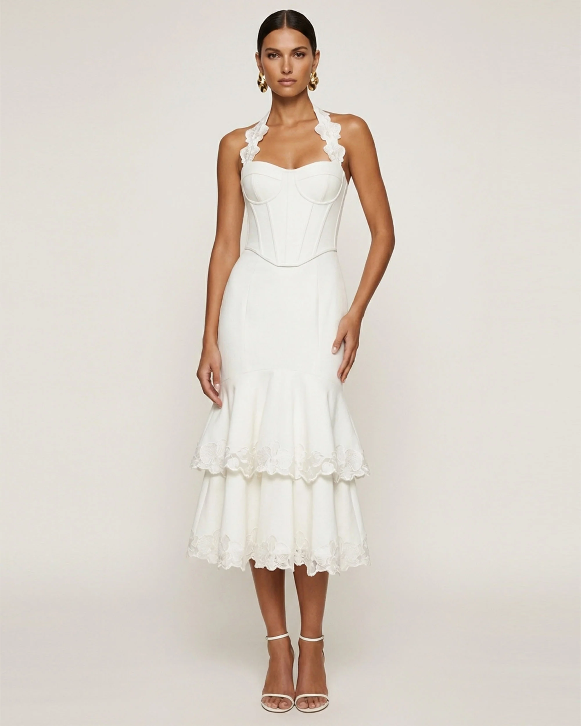 Orchid Embroidered Halter Corset Midi Dress - White
