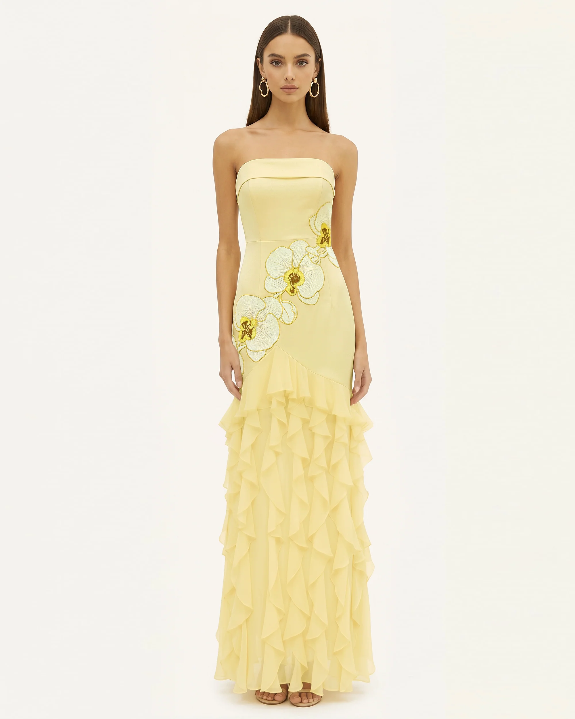 Orchid Embroidered Ruffled Strapless Maxi Dress - Pale Yellow
