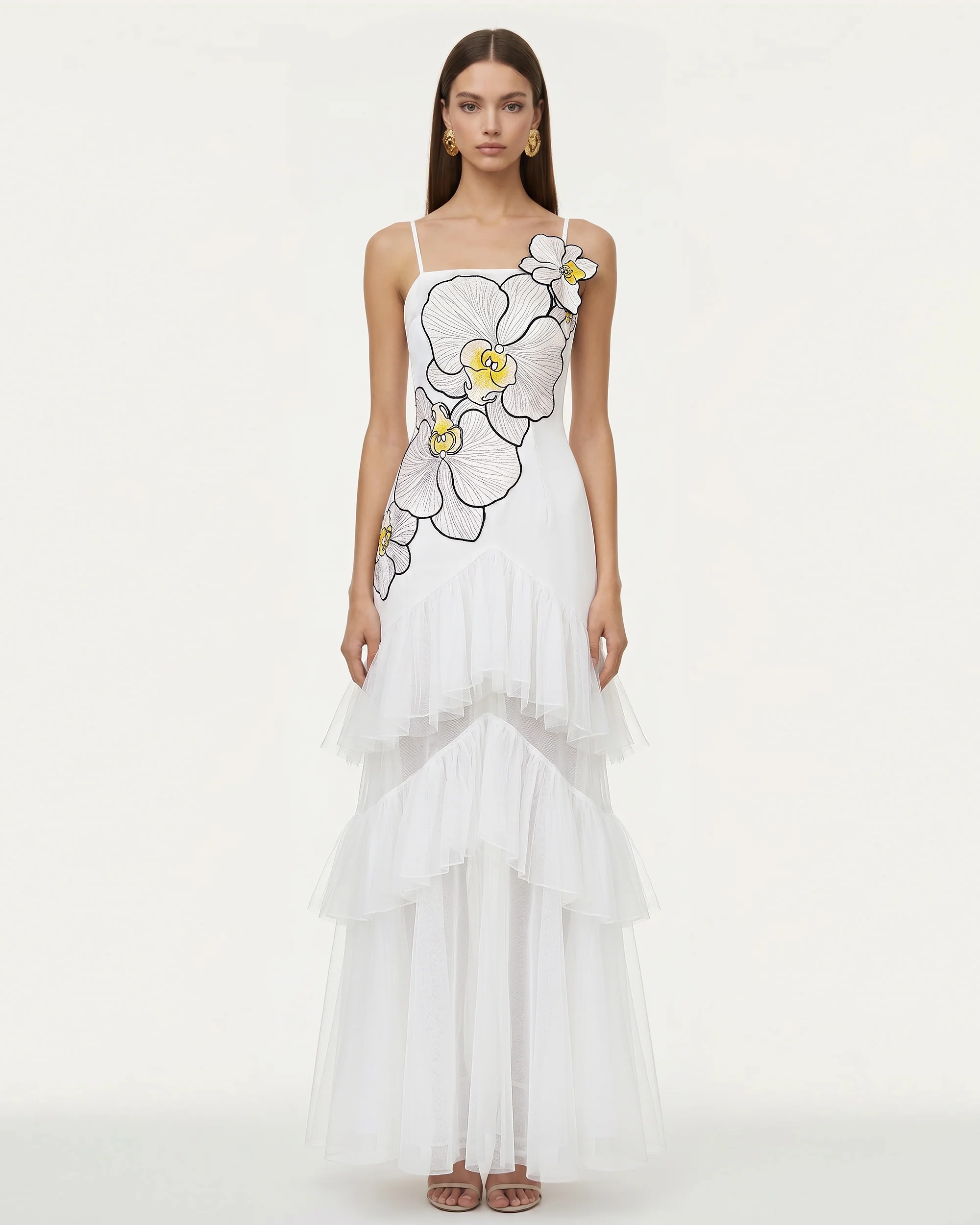Orchid Embroidered Ruffled Tulle Strapless Maxi Dress - White